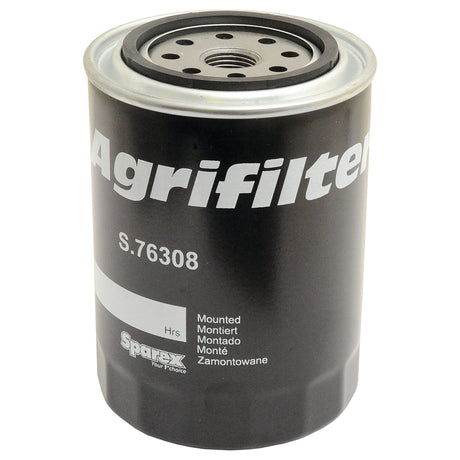 A Sparex Spin-On Oil Filter (Part No. S.76308) in black, with various mounting options described in multiple languages on the side, compatible with Claas DOMINATOR models.