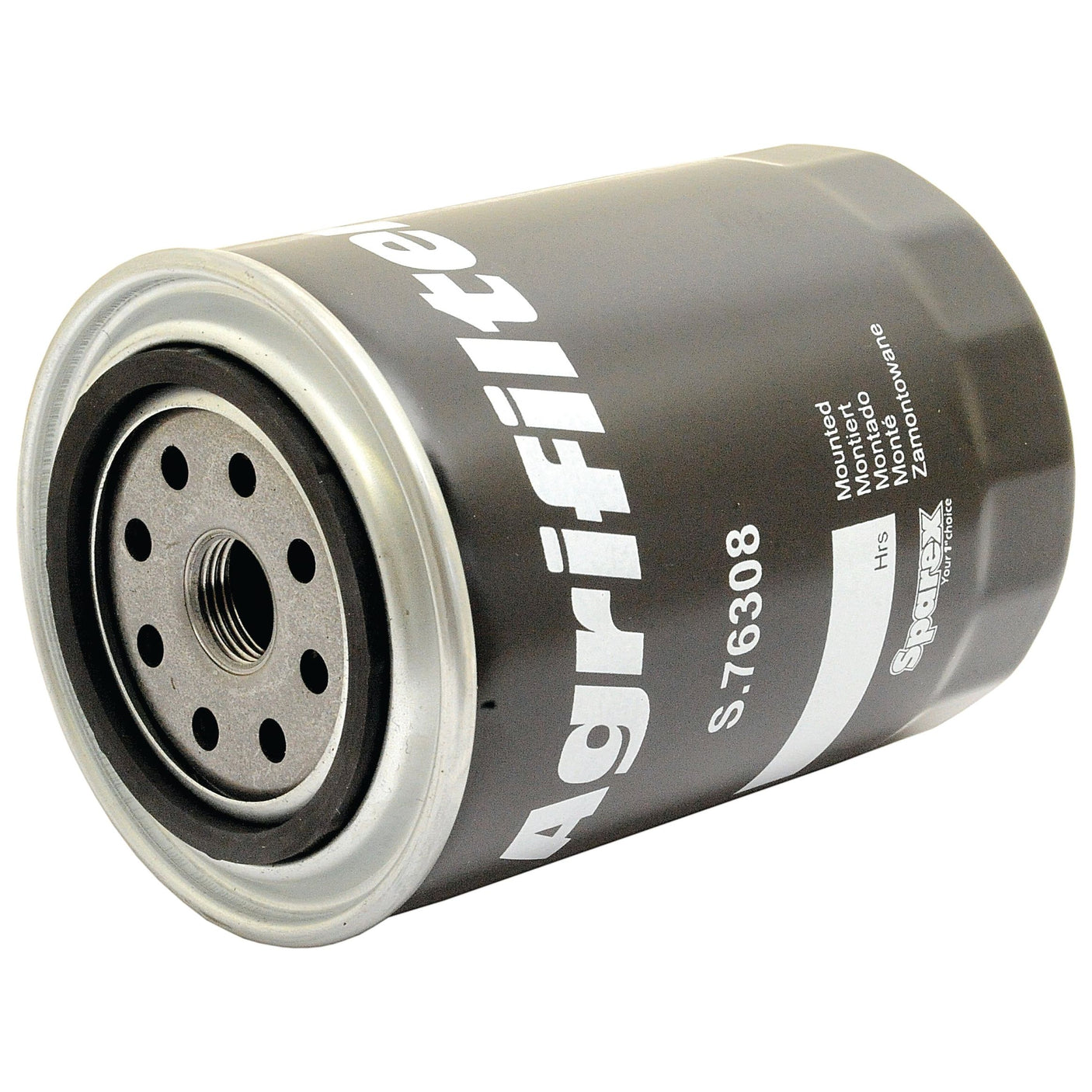 A black and silver Spin On Oil Filter with model number S.76308 by Sparex features multiple small holes and a threaded central hole for optimal performance. Designed specifically for the Claas DOMINATOR, this high-quality filter is part of the renowned Sparex Agrifilter range.