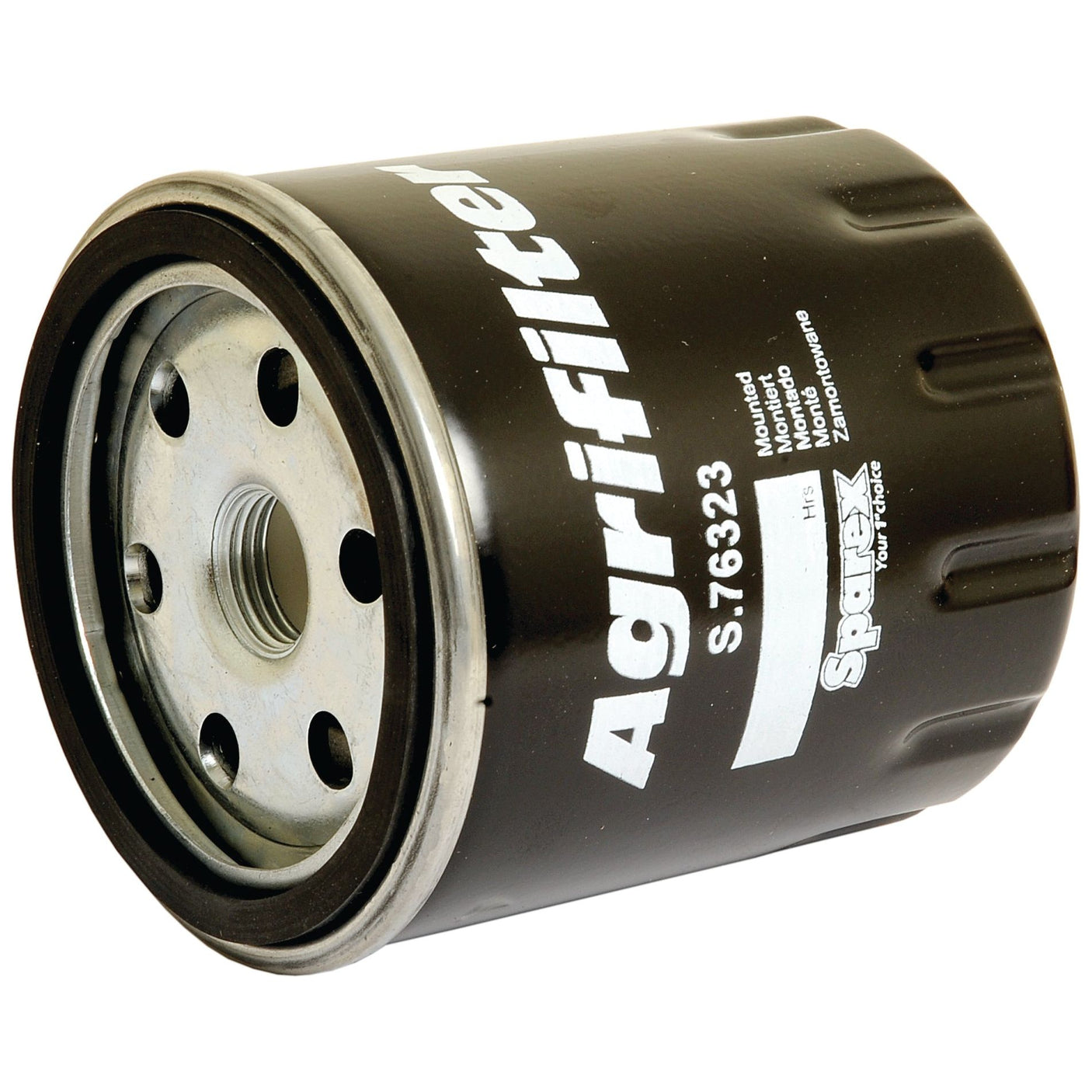 A black, cylindrical Sparex fuel filter labeled "S.76323," featuring a metal base and spin-on threaded hole, and white text.