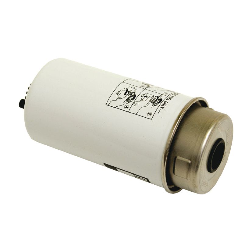 A cylindrical white fuel filter with a metal cap, featuring an instructional diagram on the surface, designed by Sparex (Product Name: Fuel Separator - Element - FS19827 | Sparex Part No.S.76357) for Case IH equipment.