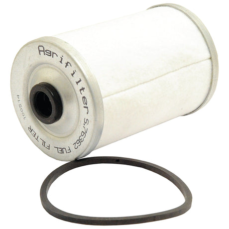 A white cylindrical fuel filter branded "Sparex," inscribed with "Sparex Agrifilter" and "S.76362" on the top, accompanied by a black rubber O-ring.