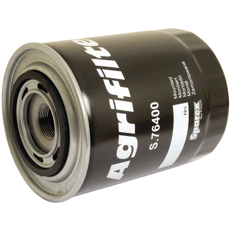 A black cylindrical oil filter featuring the label 'Oil Filter - Spin On | Sparex Part No. S.76400' and additional specifications printed on it. This Sparex oil filter is compatible with Massey Ferguson and Case IH machinery, ensuring versatile use across various equipment.