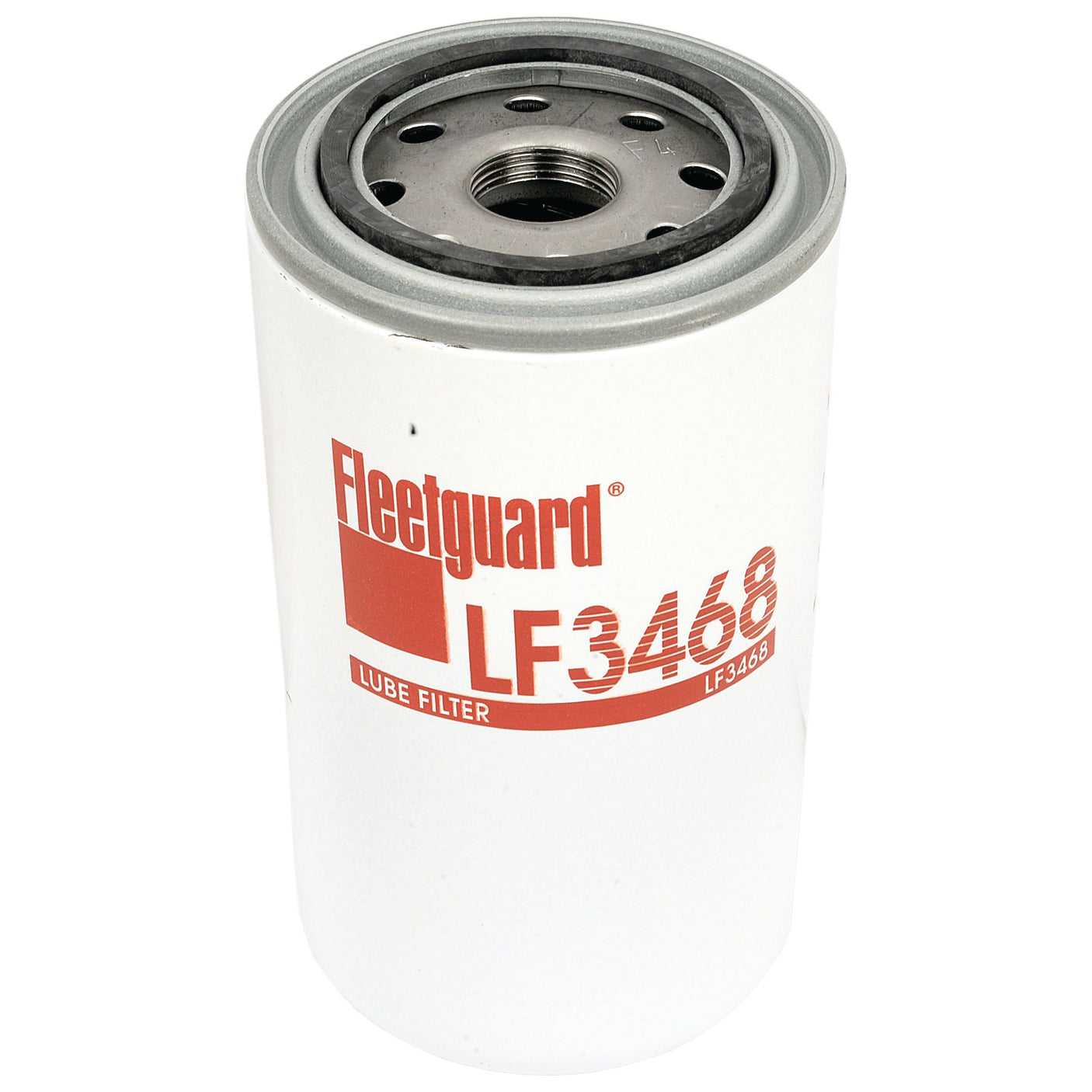 Image of the Sparex Oil Filter - Spin On - LF3468 (Sparex Part No.S.76401). The filter is cylindrical, white, and features red text with black threading on the top. It is compatible with Valmet & Valtra machinery.