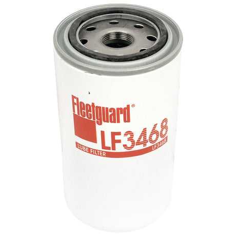 Image of the Sparex Oil Filter - Spin On - LF3468 (Sparex Part No.S.76401). The filter is cylindrical, white, and features red text with black threading on the top. It is compatible with Valmet & Valtra machinery.