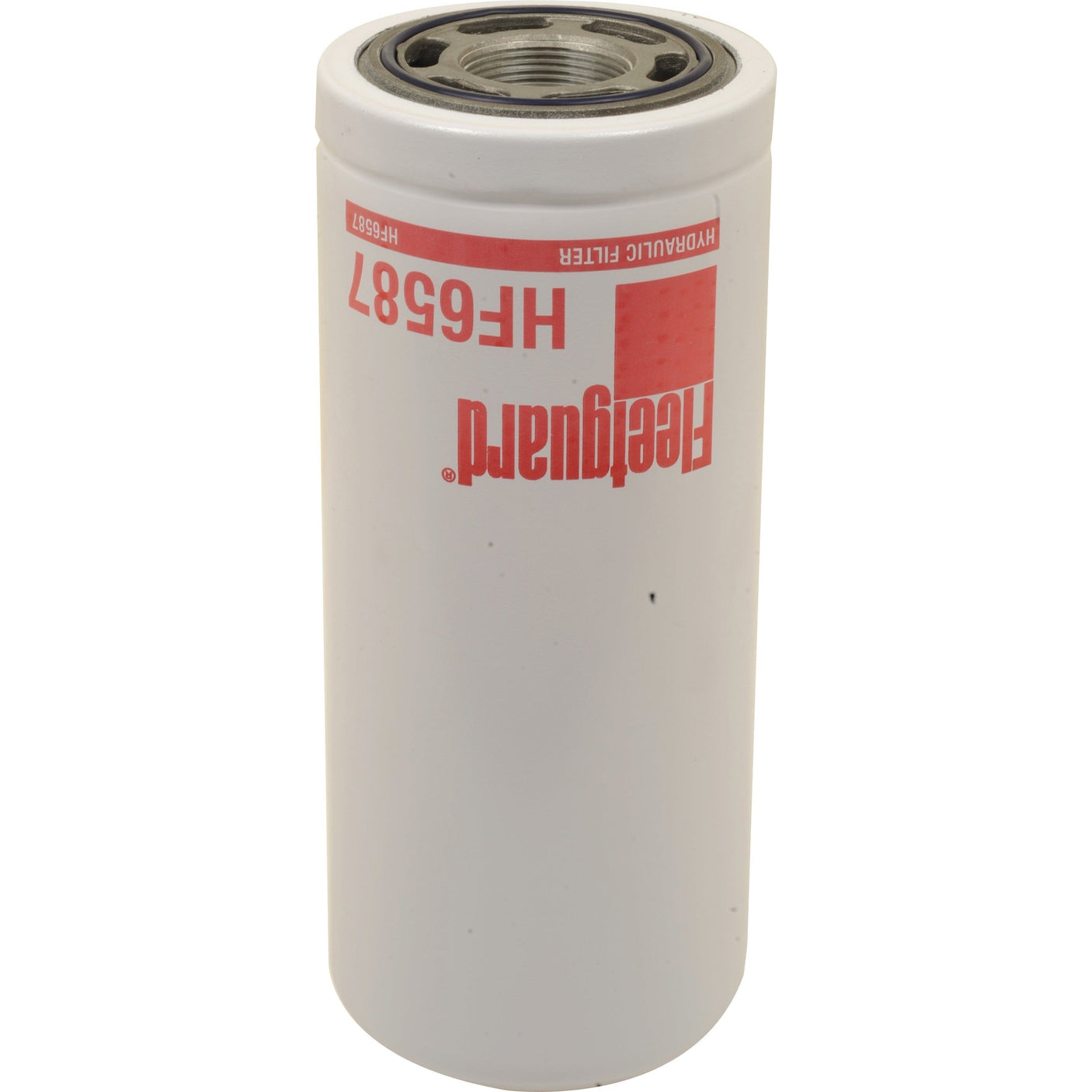 A spin-on hydraulic filter labeled "Hydraulic Filter - Spin On - HF6587 | Sparex Part No. S.76405" by "Sparex" in red text on a white cylindrical body, designed for John Deere machinery.