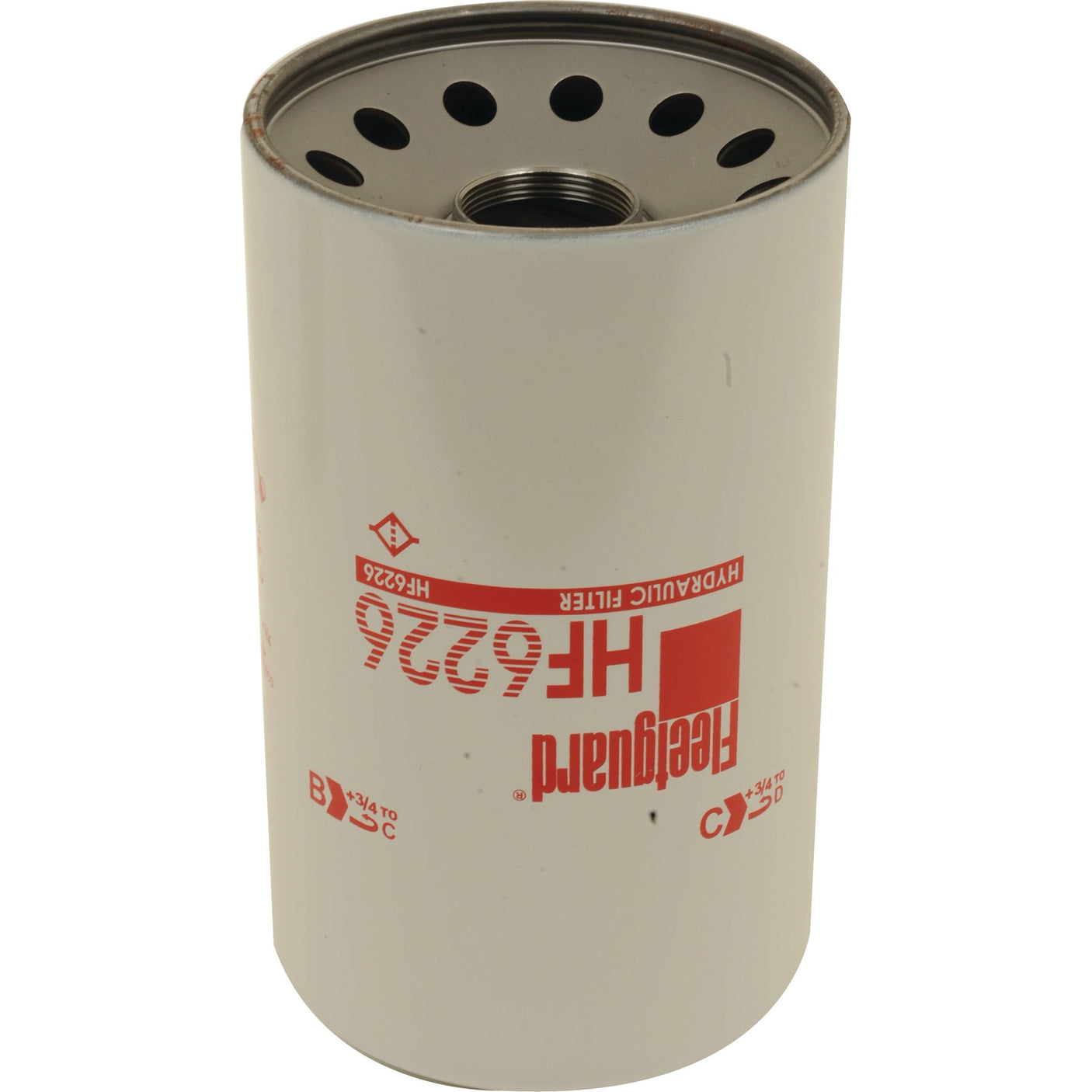 A cylindrical Sparex S.76411 hydraulic filter - spin on (HF6226) with a white body and red text, featuring multiple holes on the top end, offering quality similar to Donaldson Filters P550697.