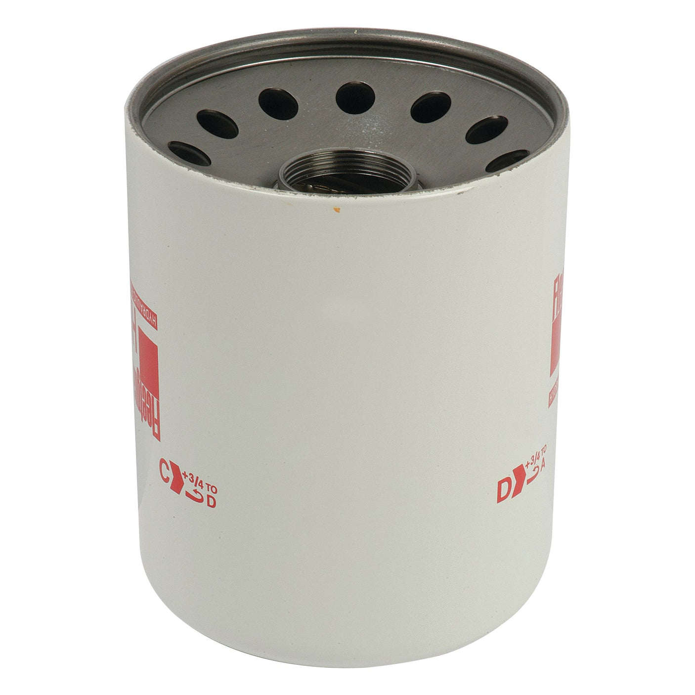 A cylindrical, white hydraulic filter with a metal top featuring several circular holes and a threaded central hole, compatible with Ford/New Holland Tractors, ideal as a Sparex S.76412 (HF6132) oil filter replacement.