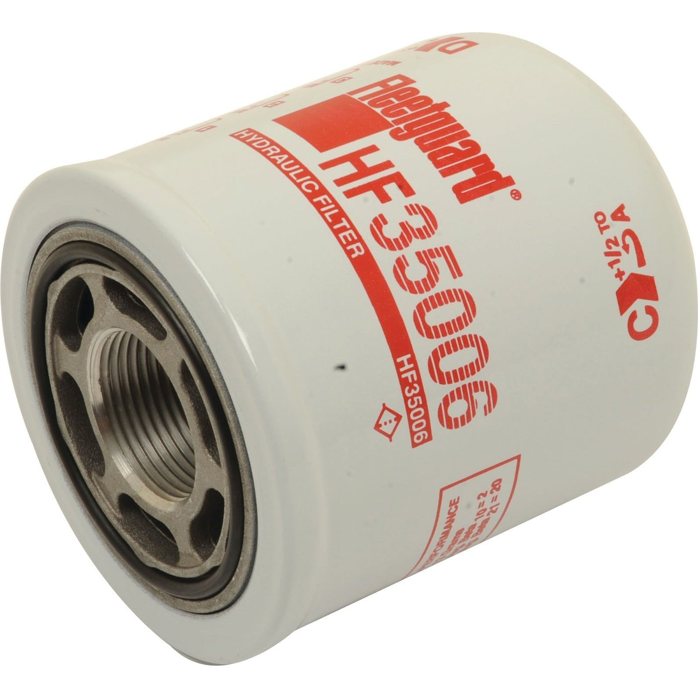 Close-up image of a Sparex hydraulic filter - spin on - HF35006 (Sparex Part No. S.76418), featuring a white surface with red and black text and logos.