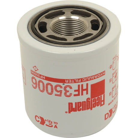 A white and red hydraulic filter labeled "Hydraulic Filter - Spin On - HF35006" from the brand Sparex, John Deere compatible with Sparex Part No. S.76418.