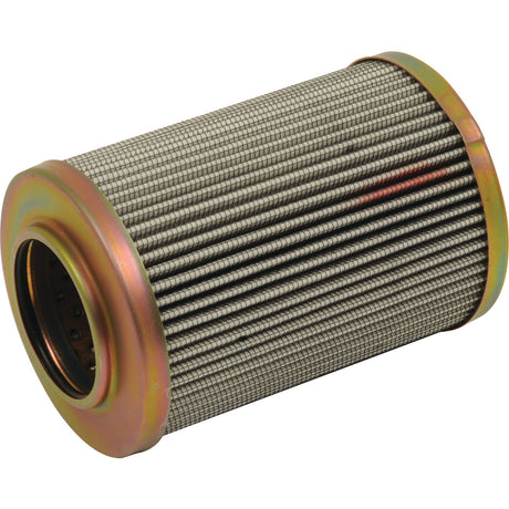 A cylindrical metal filter with pleated grooves, enclosed by metallic caps at both ends, used for filtration purposes, resembles the reliable Hydraulic Filter - Element - HF30697 (Sparex Part No.S.76445) components found in David Brown tractor parts.