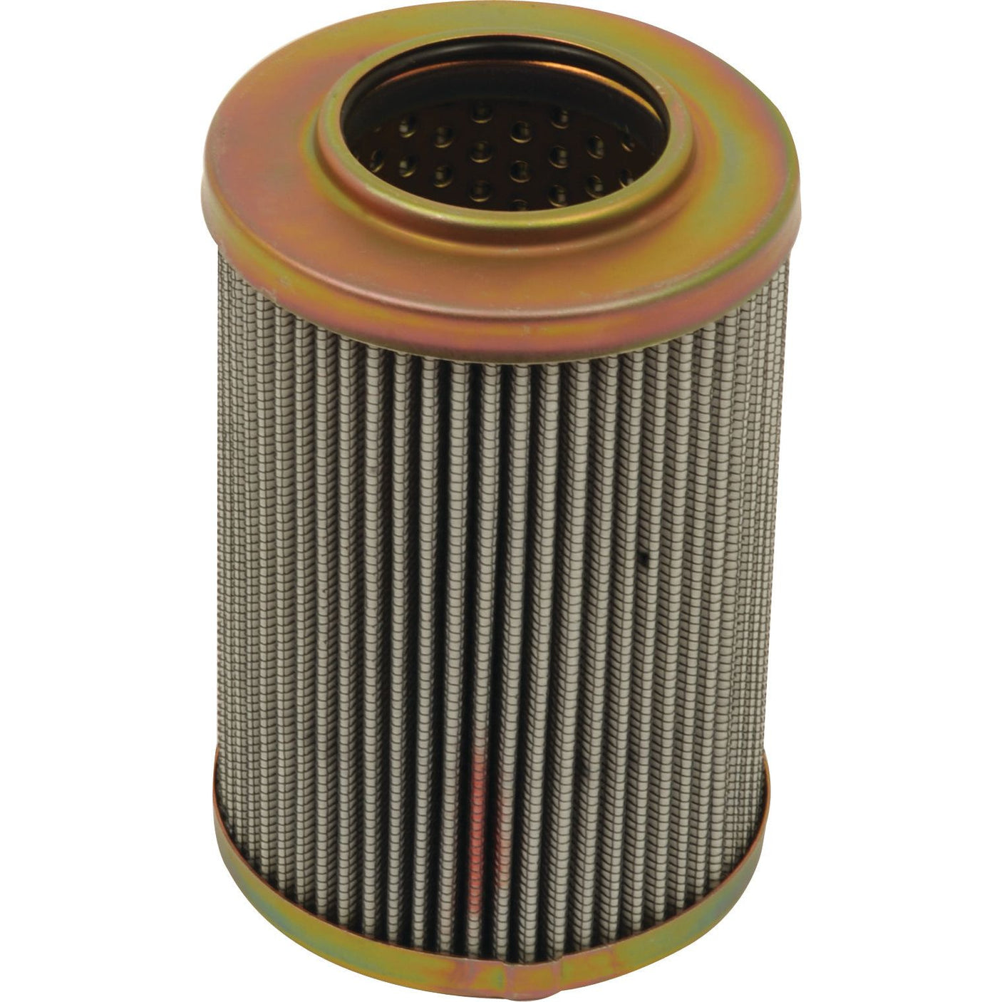 The Sparex Hydraulic Filter - Element - HF30697 (Sparex Part No. S.76445) is a cylindrical metal air filter featuring a pleated design and a perforated base, suitable for David Brown tractor parts, shown against a white background.