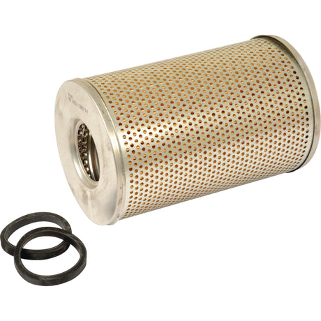 A cylindrical, perforated metal filter with rubber gaskets beside it, similar to the Sparex Hydraulic Filter - Element - HF6060 (Sparex Part No. S.76447).