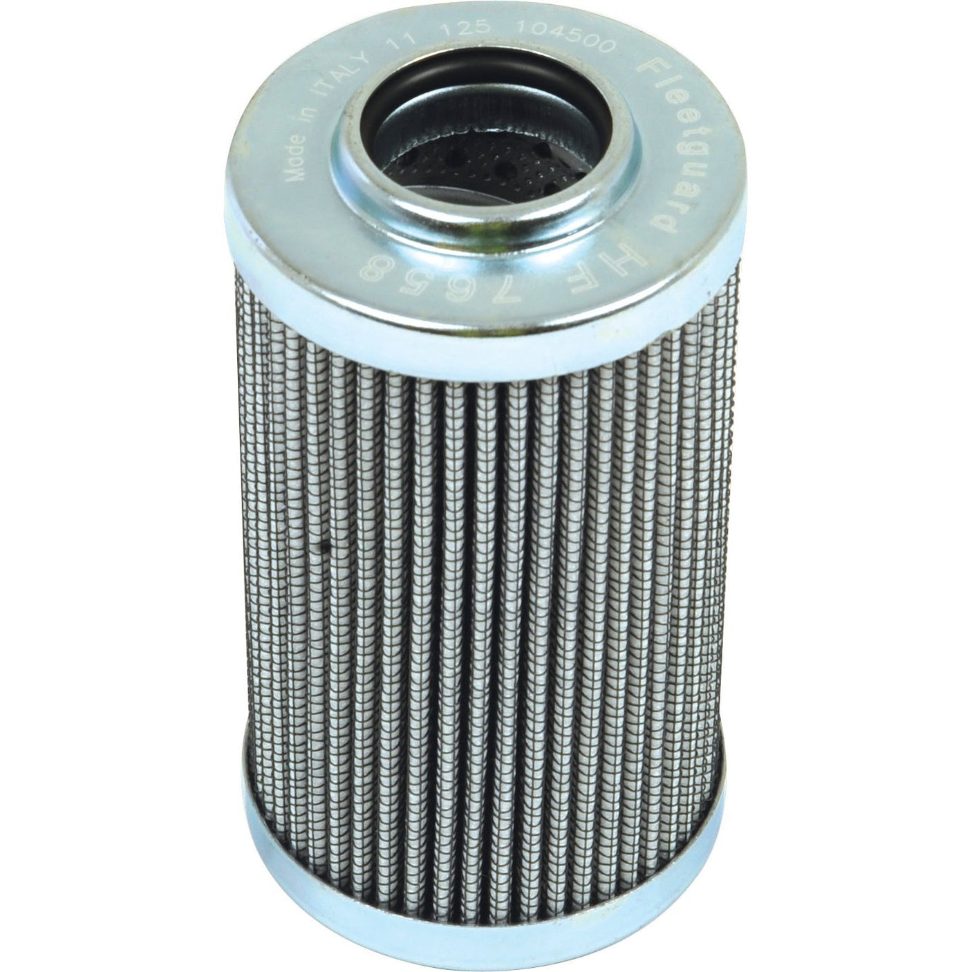 A Sparex HF7658 hydraulic filter element (Sparex Part No. S.76450) features a cylindrical shape with pleated ridges and inscriptions on the top and bottom metal caps, specifically designed for Fleetguard HF7658 applications.