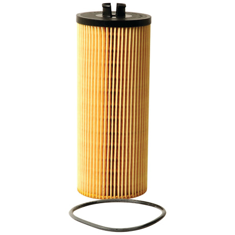 A cylindrical, pleated oil filter with a black top and bottom, placed next to an O-shaped gasket, resembling the design of the Sparex Oil Filter - Element - LF3914 (Sparex Part No. S.76454).