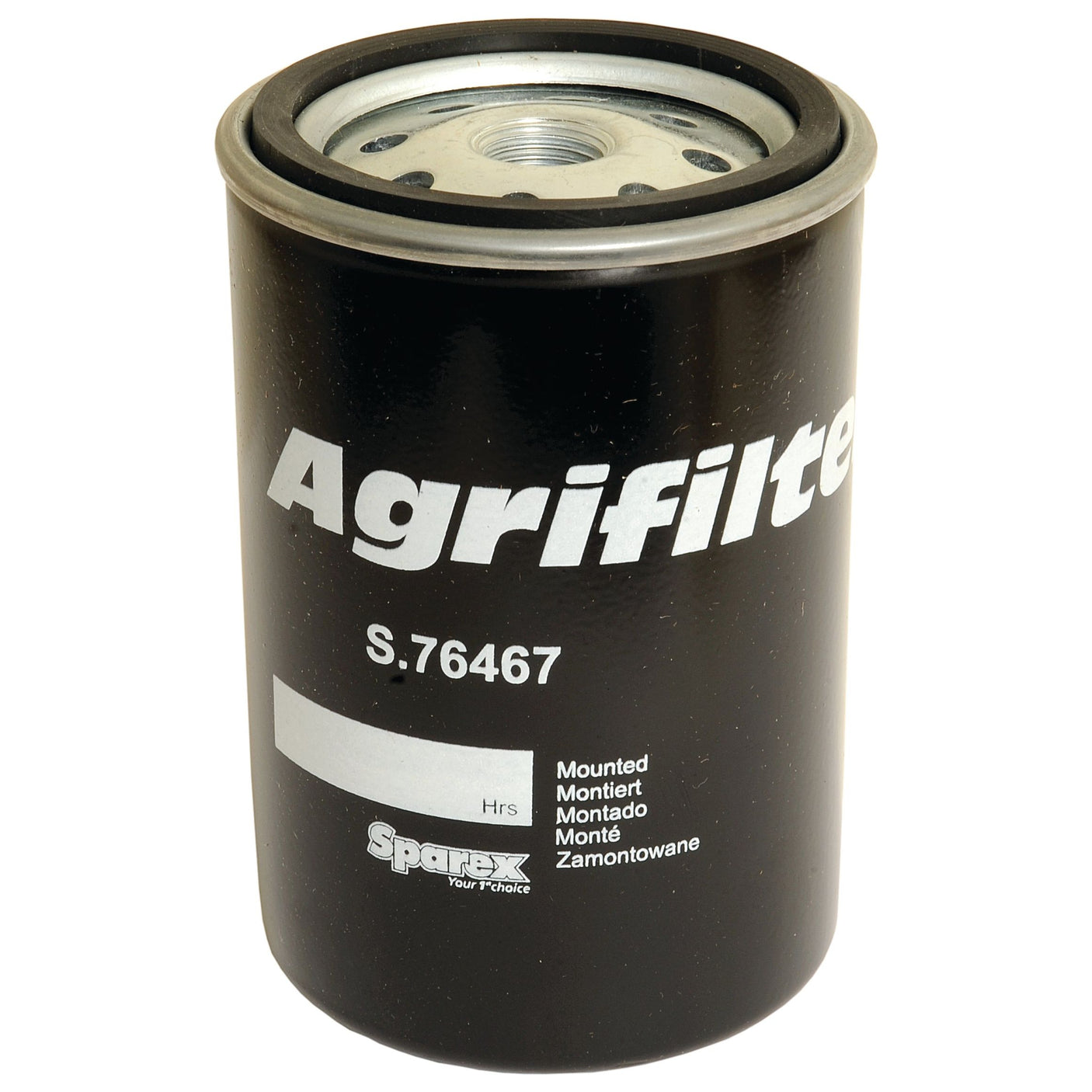 A black Sparex Fuel Filter - Spin On (Part No. S.76467) with a metallic top and brand logos printed in white on its body, suitable for Valmet & Valtra engines.