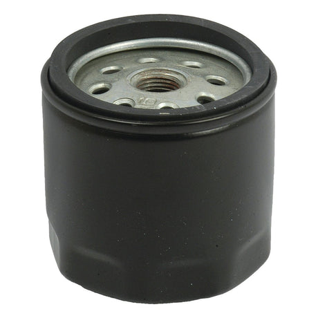 Image of a Sparex black, cylindrical Fuel Filter - Spin On (Sparex Part No.S.76471) with a metallic threaded center and small circular holes around it.