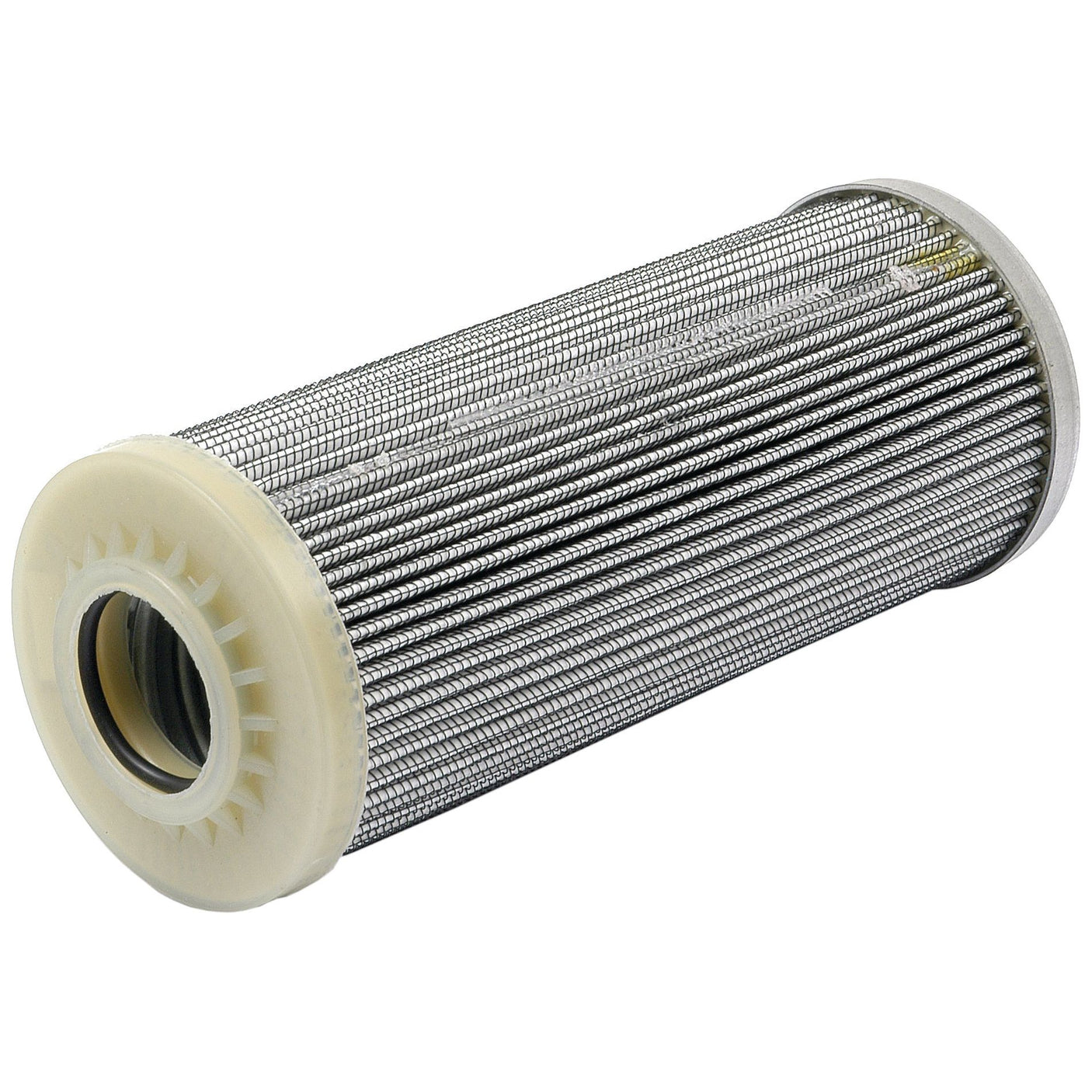 A close-up image of the Sparex Hydraulic Filter - Element (Sparex Part No. S.76477), featuring a cylindrical metal mesh with white plastic end caps, typically employed in hydraulic systems for Massey Ferguson, Valmet, and Valtra tractors.