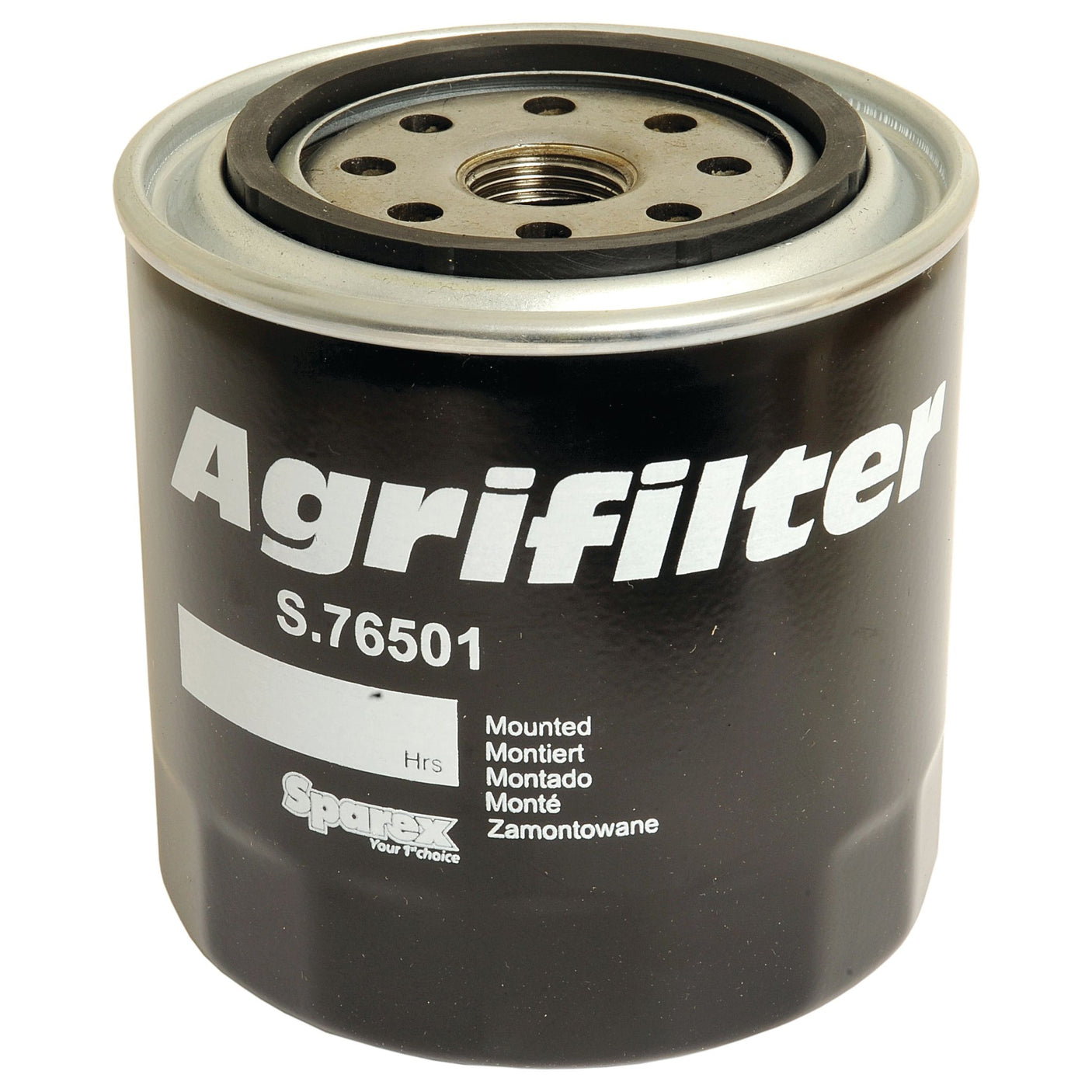 A close-up of a Sparex Oil Filter - Spin On (Part No.S.76501) canister, showcasing the mounting end with a threaded center hole. The black and silver filter, compatible with Ford/New Holland, features white text indicating its product name and model number.