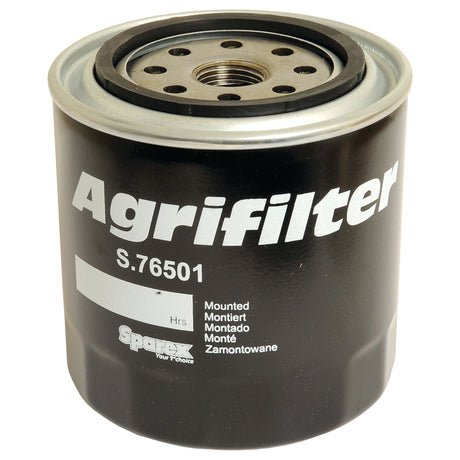 A close-up of a Sparex Oil Filter - Spin On (Part No.S.76501) canister, showcasing the mounting end with a threaded center hole. The black and silver filter, compatible with Ford/New Holland, features white text indicating its product name and model number.