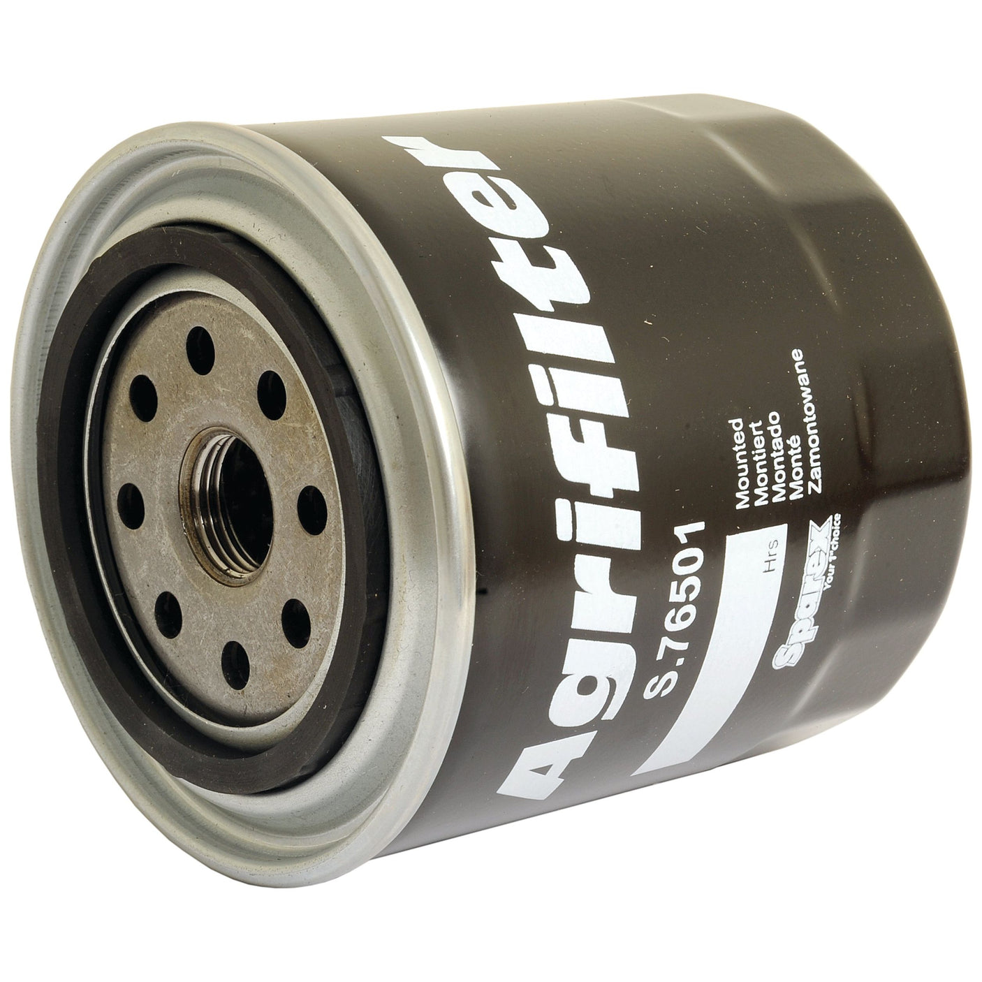 A Sparex Oil Filter - Spin On (Part No. S.76501) in black, featuring a metal casing and a threaded center hole for attachment, compatible with Ford/New Holland equipment.