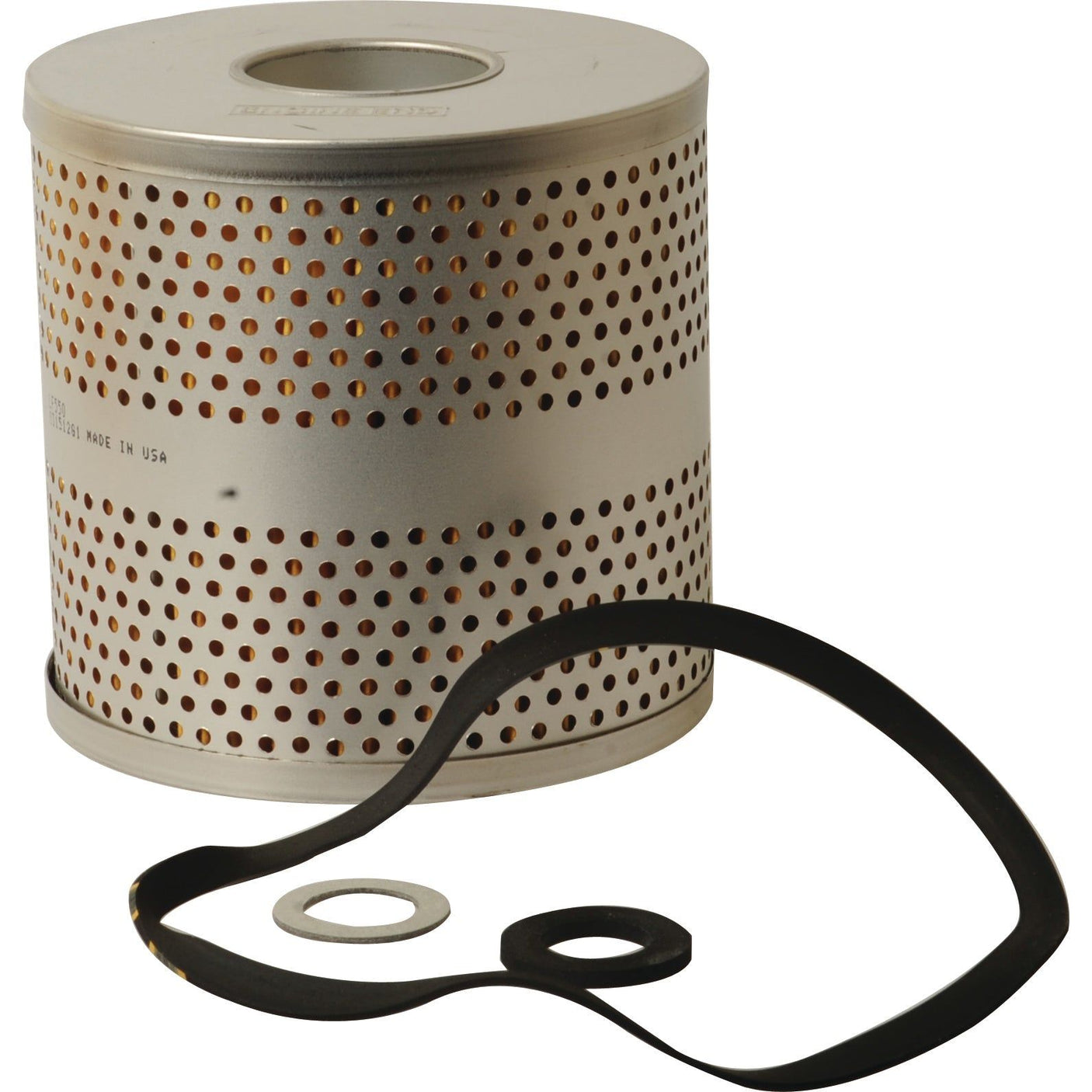 A cylindrical oil filter similar to the Sparex Oil Filter - Element - LF550 (Sparex Part No.S.76502) is shown alongside two circular rubber gaskets and one metal washer, perfect for use with Ford/New Holland tractors.