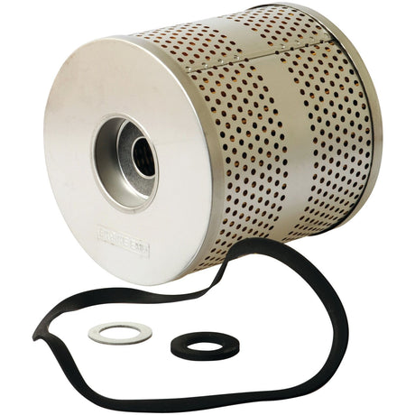 The cylindrical metal oil filter from Sparex, part number S.76502, is an ideal fit for Ford/New Holland tractors. It features perforations and a central hole for fitting. Below it are a rubber gasket and a washer, ensuring optimal performance in this specific model, the Fleetguard LF550.