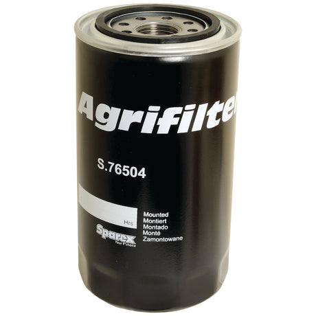 A black, cylindrical oil filter from Sparex, featuring the model number S.76504 and text indicating it's mounted. The brand name, Sparex, is prominently displayed on the lower part, making it a reliable choice for Case IH machinery.