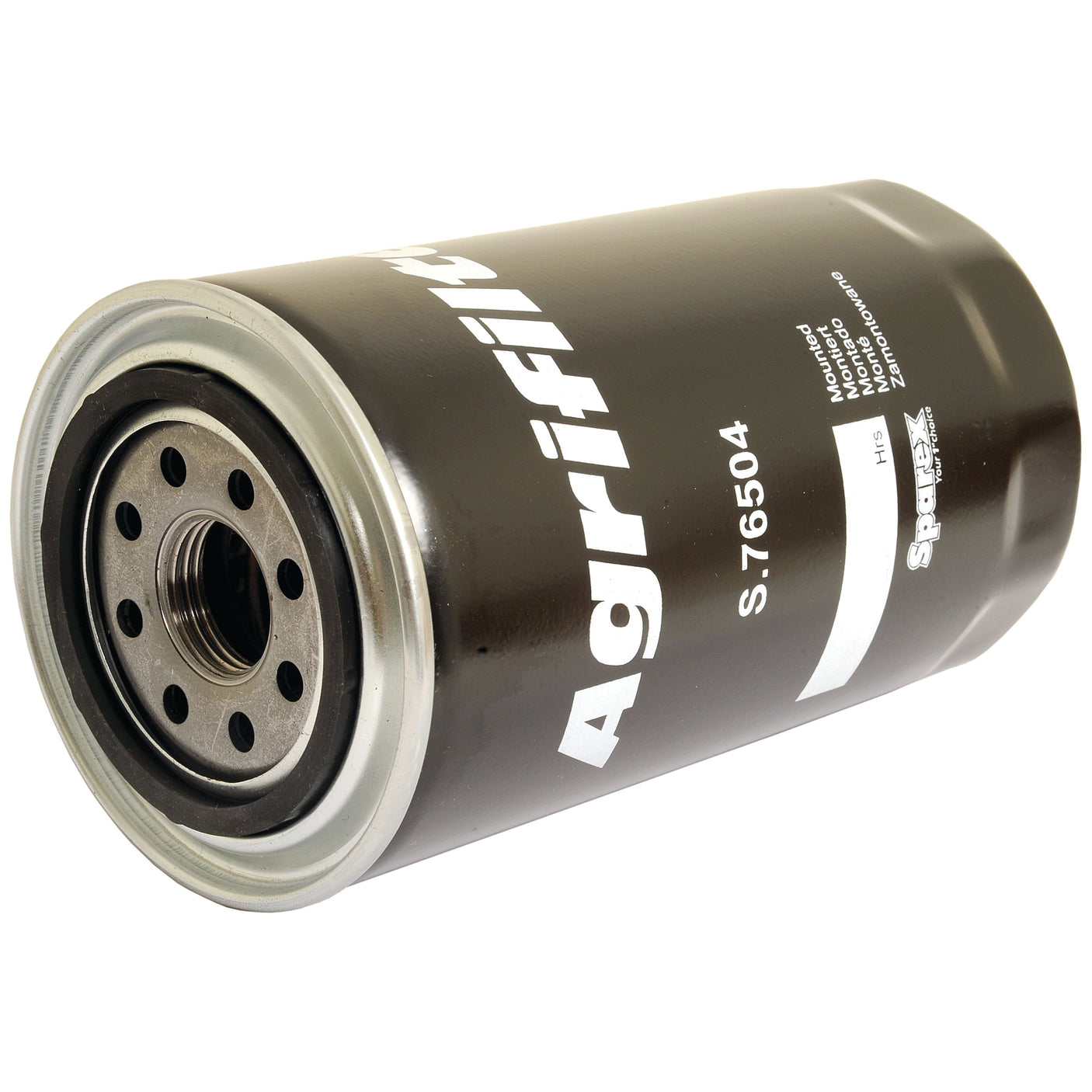 A detailed close-up image of the Oil Filter - Spin On from Sparex, featuring model S.76504, highlights the sturdy metal filter housing and threaded connection end. Ideal for maintaining your Case IH machinery.