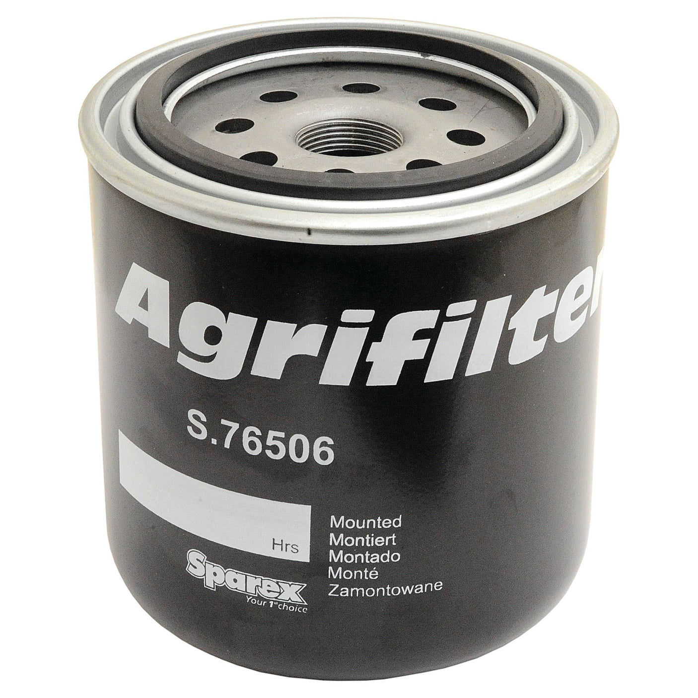 An oil filter labeled "Oil Filter - Spin On | Sparex Part No.S.76506" with a black cylindrical design, multilingual installation instructions, and the Sparex brand at the bottom, compatible with Ford New Holland models.