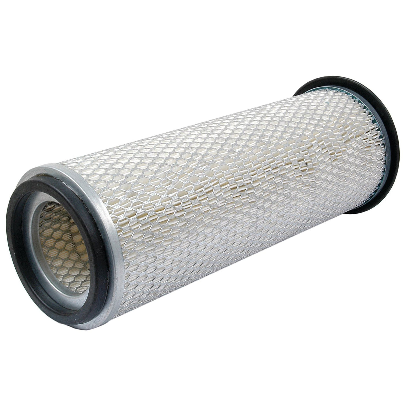 An outer cylindrical Sparex AF1855 air filter (Sparex Part No. S.76524) with a metal mesh exterior and rubber end caps, compatible with Ford/New Holland, isolated on a white background.