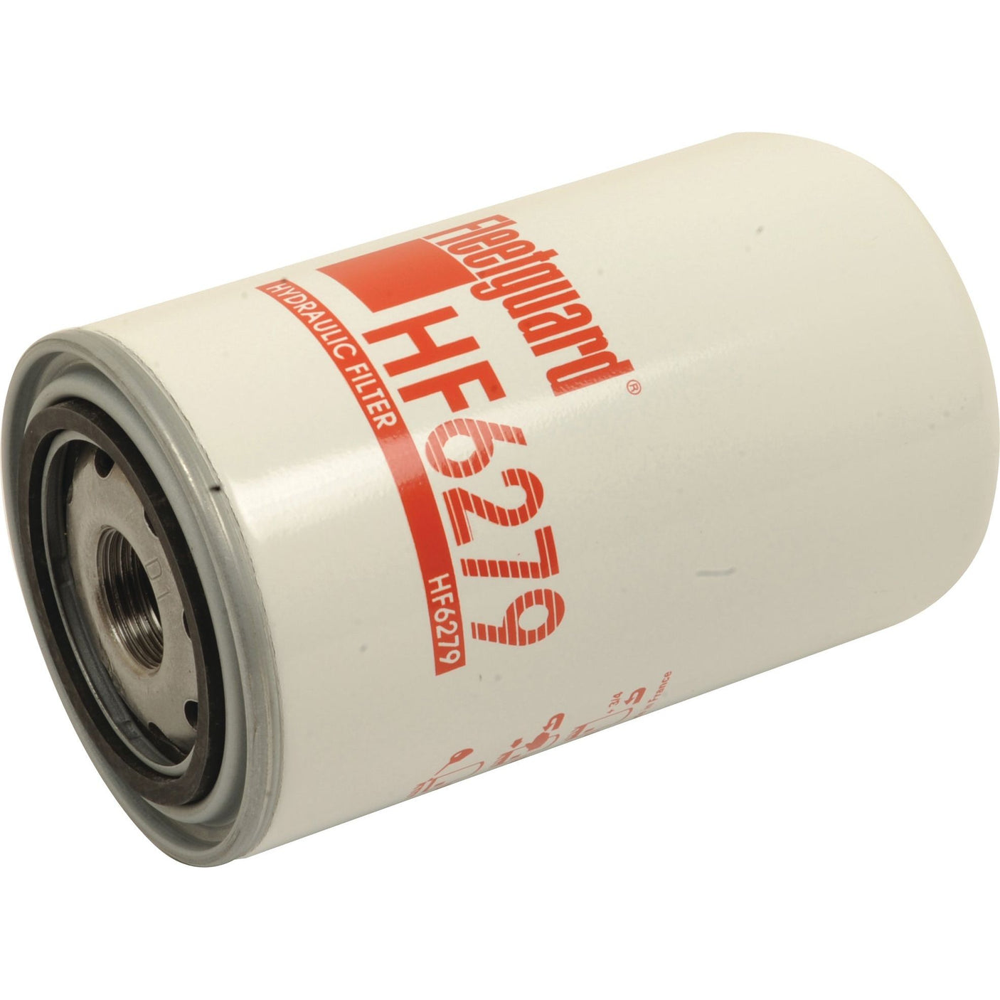 Close-up image of a cylindrical oil filter with "Hydraulic Filter - Spin On - HF6279 | Sparex Part No. S.76531" printed in red text on the white casing, commonly used in Ford New Holland machinery.