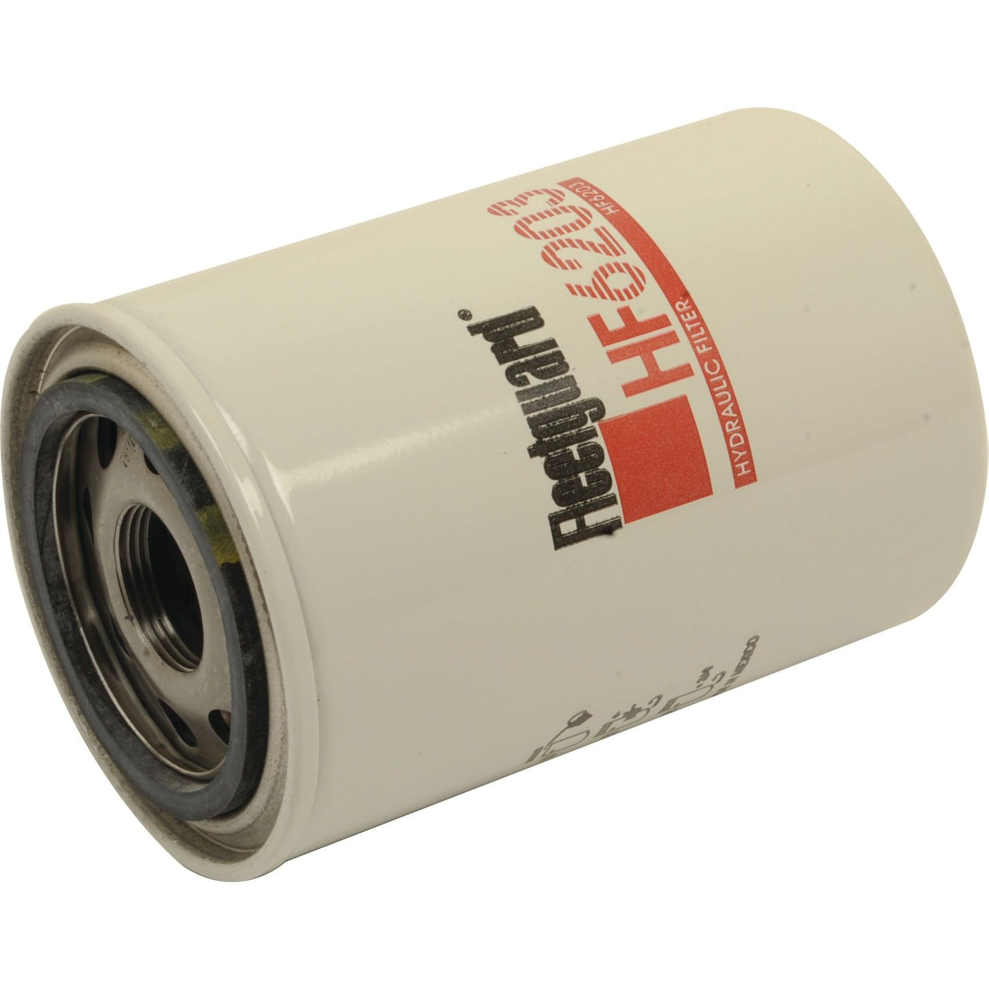 White cylindrical hydraulic filter with "Sparex S.76536" text in black and red. This Sparex hydraulic filter (Hydraulic Filter - Spin On - HF6203) features visible metal threading on one end.