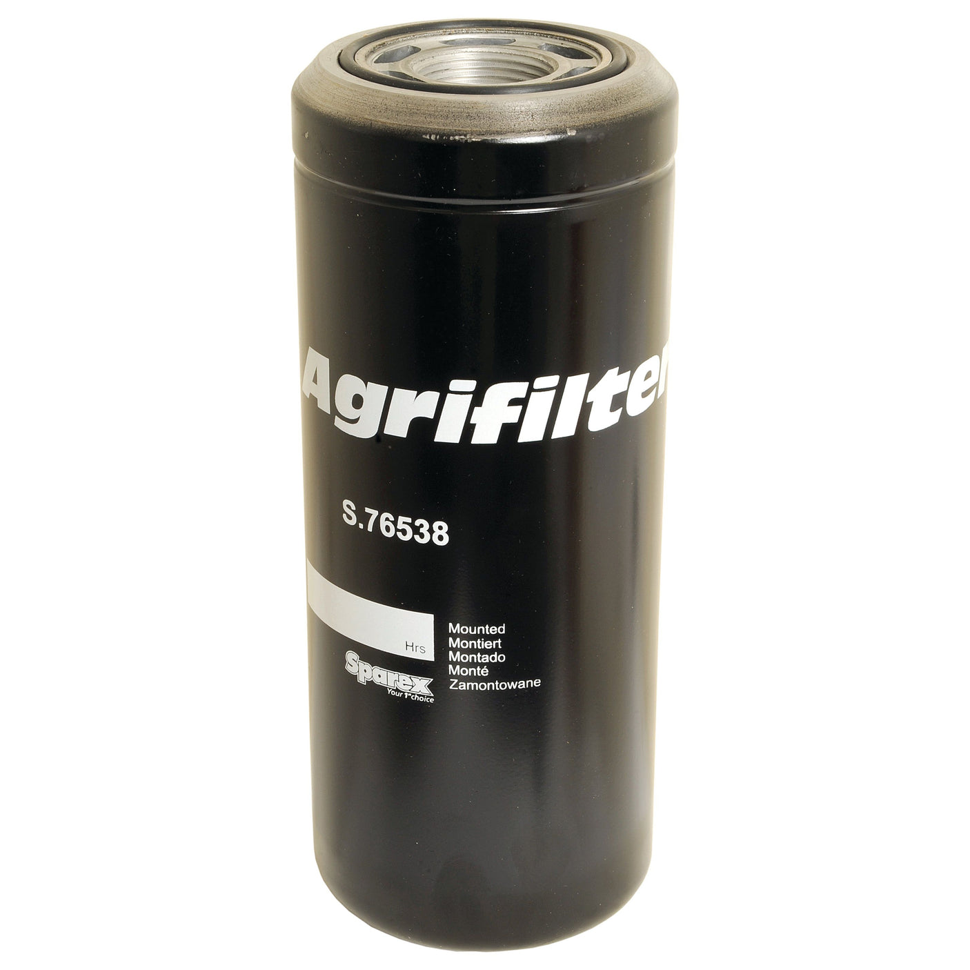 The black Hydraulic Filter - Spin On labeled "S.76538" features multilingual instructions reading "Mounted Montiert Montado Monté Zamontowane," with the "Sparex" brand name at the bottom left. This Sparex hydraulic filter ensures reliable performance and is suitable for Case IH equipment.