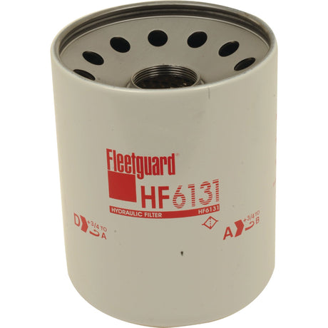 A cylindrical Sparex HF6131 hydraulic filter (Sparex Part No. S.76541) features a metal top with multiple circular holes. The white body of the hydraulic filter is adorned with red text and symbols, ensuring high-quality filtration akin to renowned brands like Donaldson Filters.