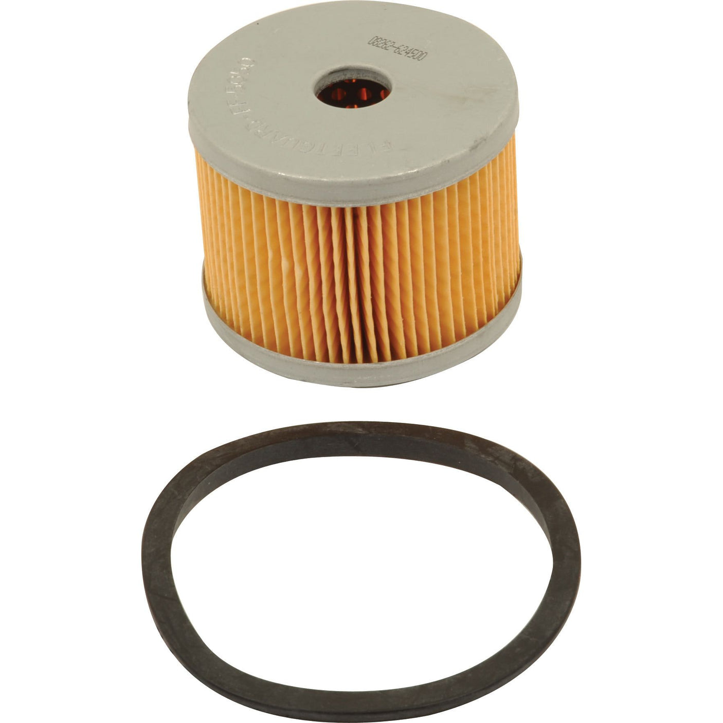 An orange, cylindrical air filter, and a round black gasket, positioned on a white background, alongside a Sparex Fuel Filter - Element - FF5050 (Sparex Part No. S.76598).