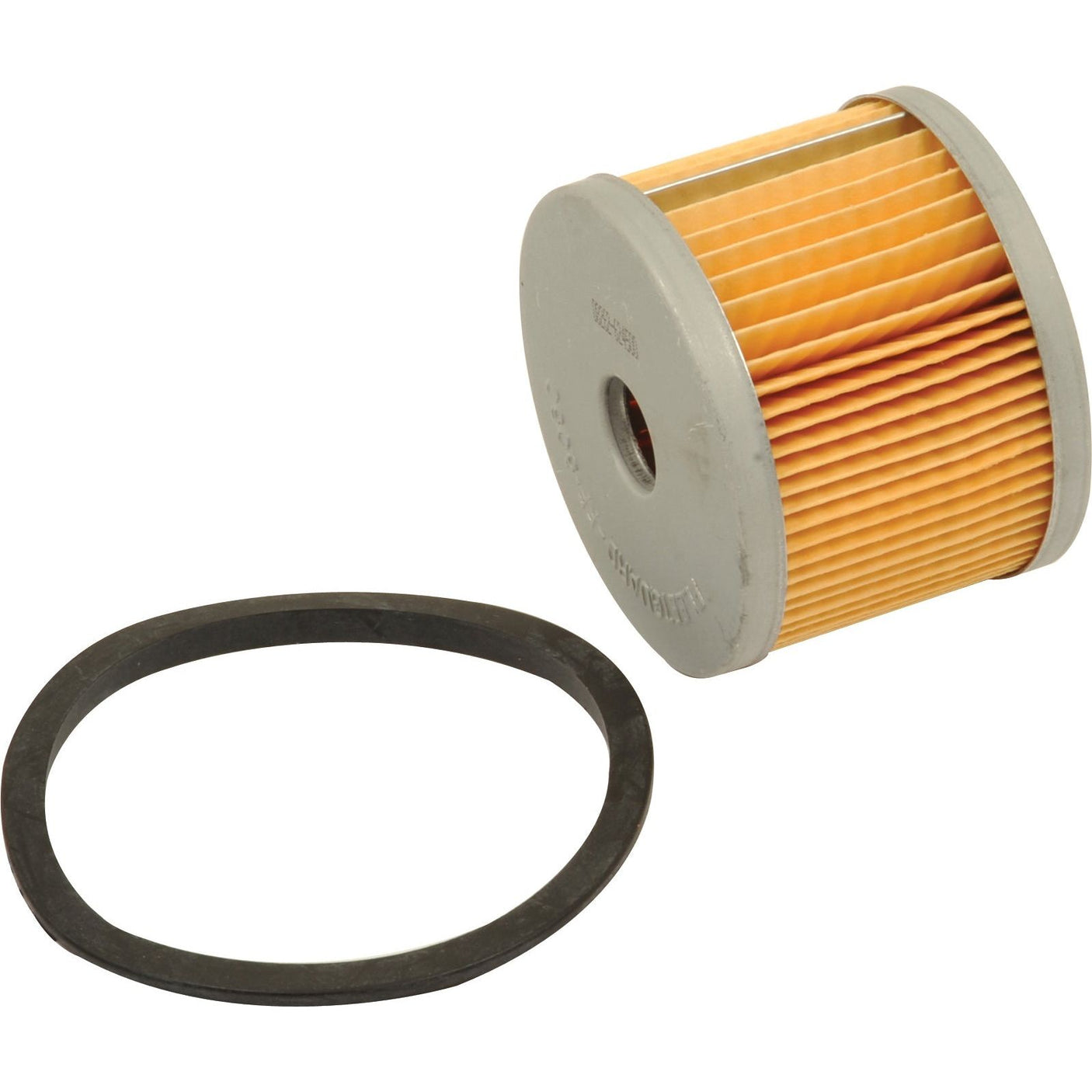 The image shows a Sparex fuel filter, specifically the Fuel Filter - Element - FF5050  (Sparex Part No. S.76598), featuring a cylindrical shape with a pleated paper element and a rubber gasket next to it.