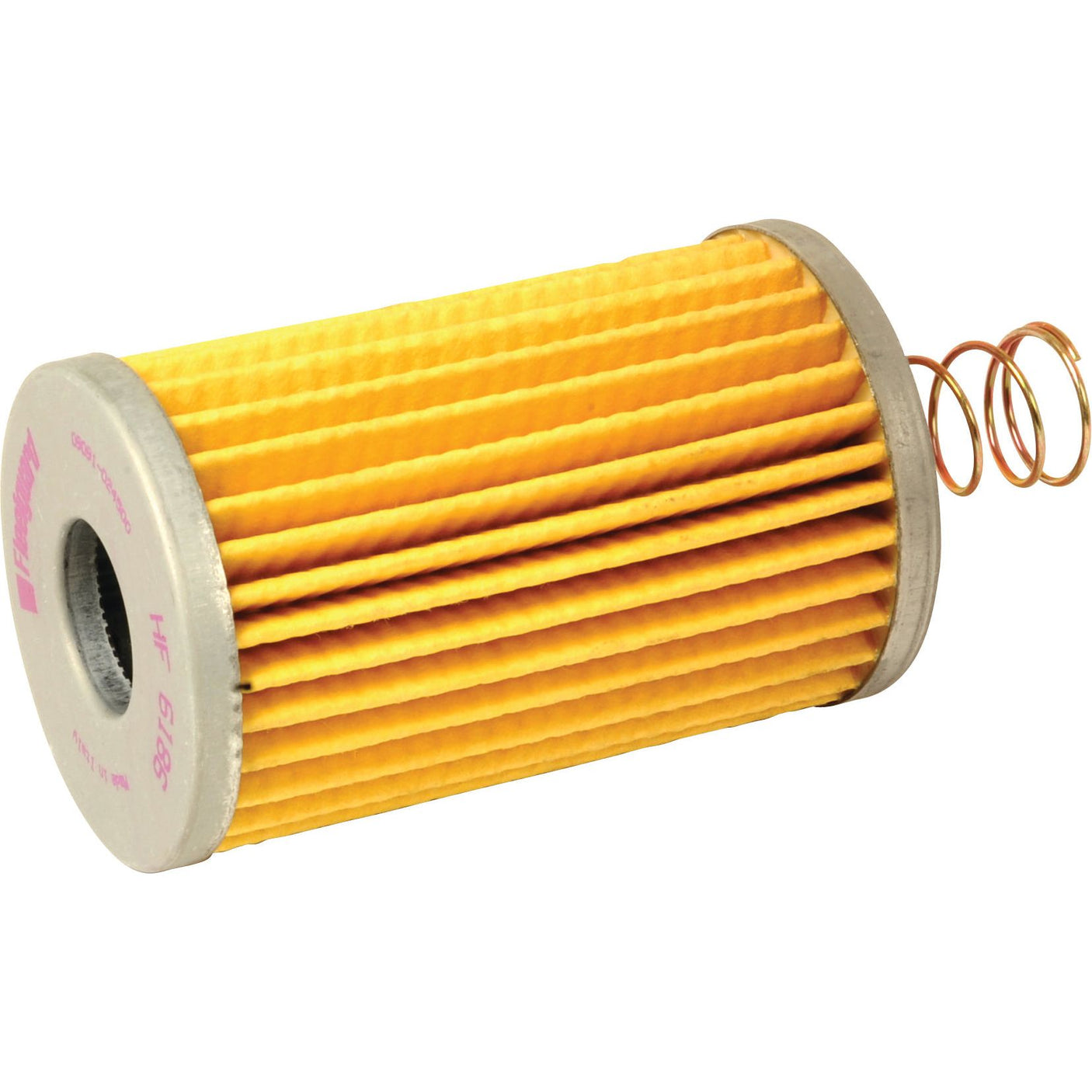 A cylindrical yellow paper filter element with pleats, metal end caps, and a coiled spring attached to one end; the Sparex Hydraulic Filter - Element - HF6186 (Sparex Part No. S.76629) offers Renault compatibility.