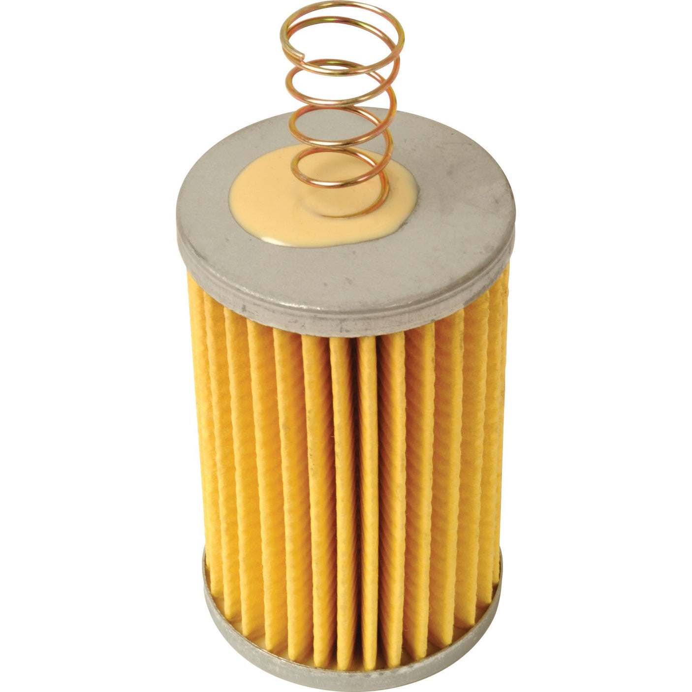 The Sparex Hydraulic Filter - Element (HF6186 | Sparex Part No.S.76629) is a cylindrical, pleated yellow filter with a metal top and bottom, featuring an attached metal spring on top, designed to ensure excellent performance and compatibility with Renault vehicles.