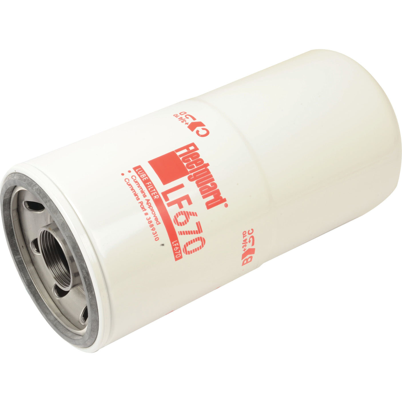 A white cylindrical oil filter with red text and branding, labeled "LF670" and "Fleetguard." This Sparex Oil Filter - Spin On (Sparex Part No. S.76632), compatible with John Deere filters, features a threaded metal opening on top for easy installation.