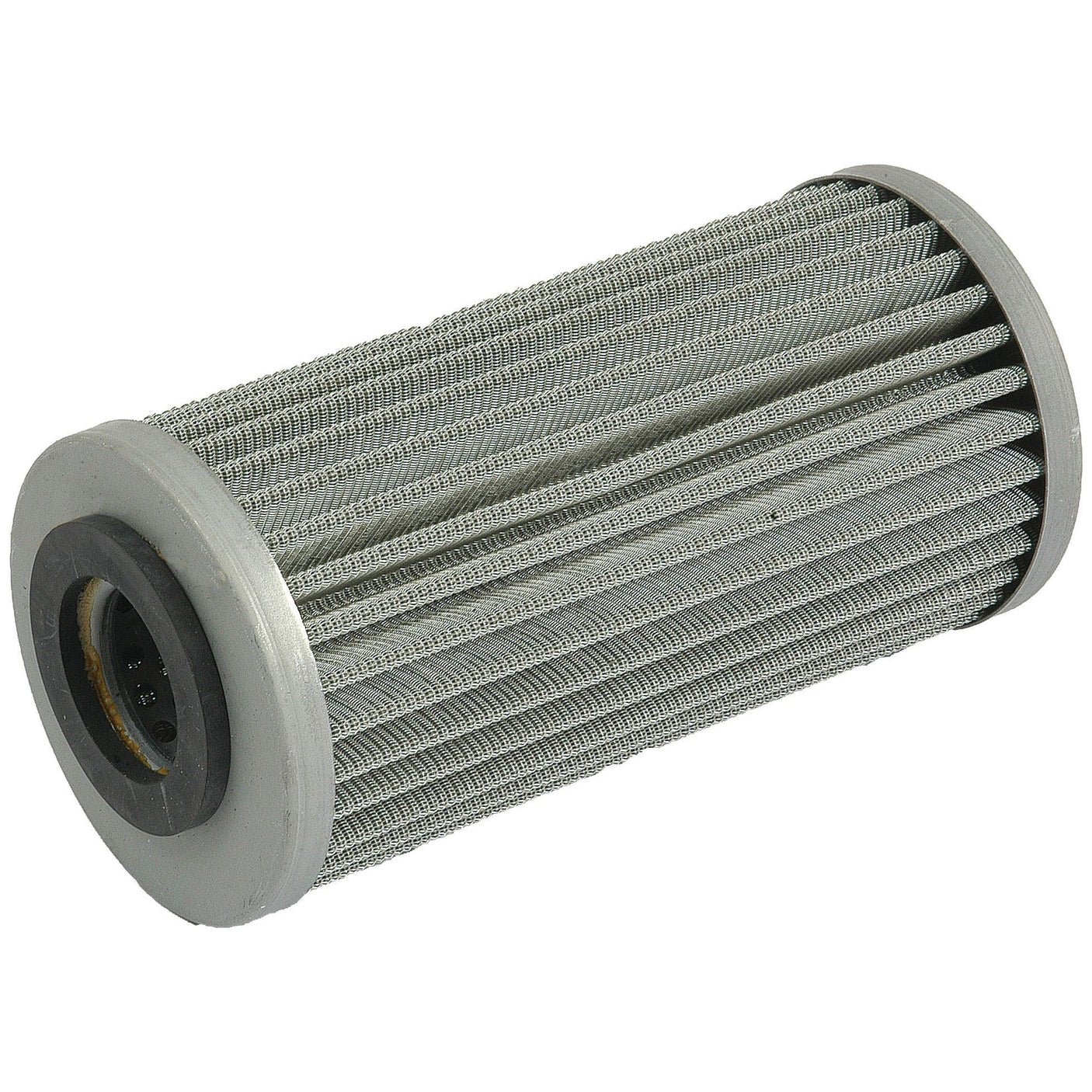 The Sparex Hydraulic Filter - Element (Part No. S.76640) is a cylindrical metal filter featuring a pleated design and rubber gaskets on both ends, compatible with Landini Massey Ferguson equipment.