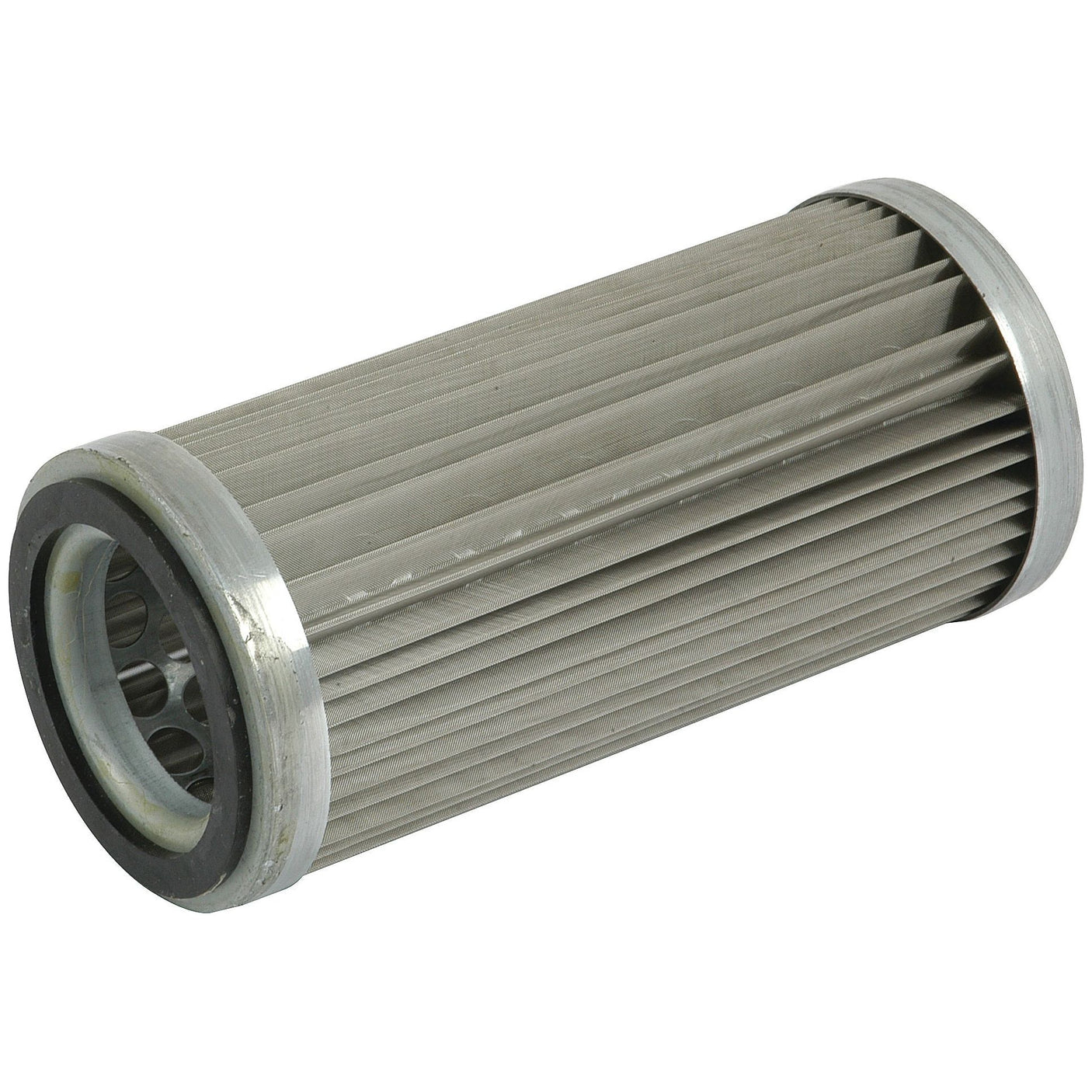 The Hydraulic Filter - Element (Sparex Part No. S.76656) by Sparex is a cylindrical metallic hydraulic filter element with pleated sides and a circular end cap, ideal for Massey Ferguson machinery.