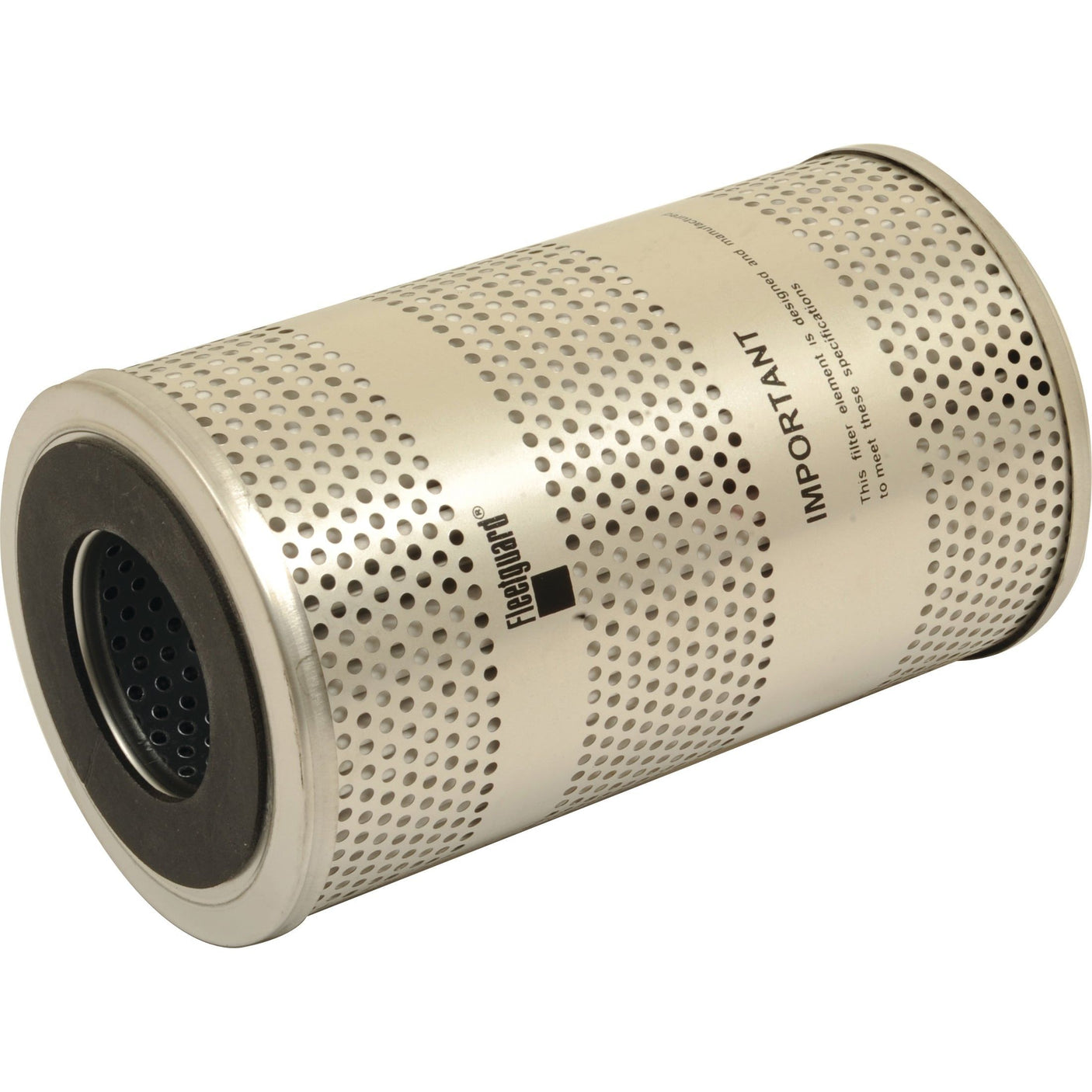 A cylindrical metal filter with perforated holes, labeled "IMPORTANT" and "Sparex HF6184," designed as a hydraulic filter suitable for John Deere machinery.