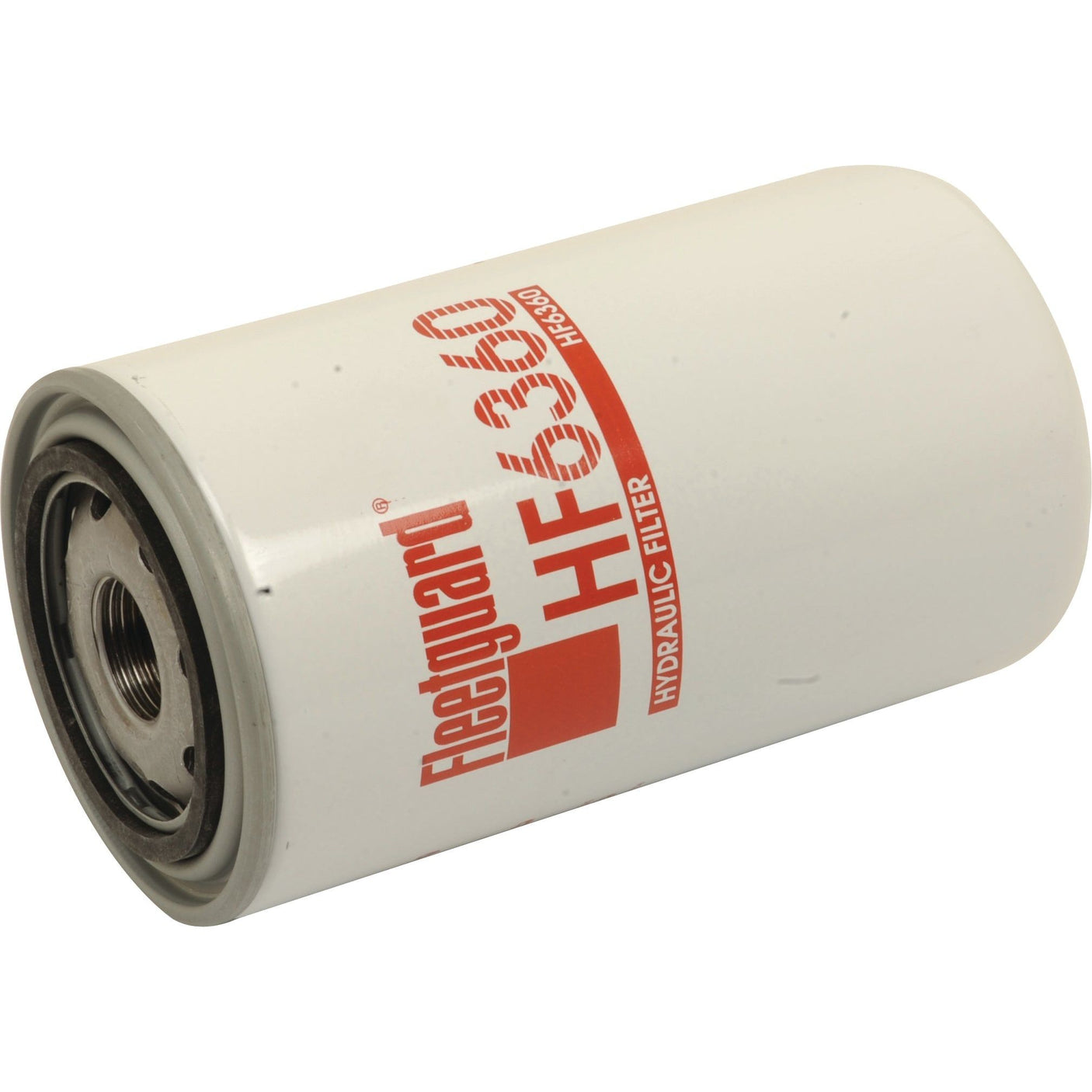 A cylindrical hydraulic filter, the "Sparex HF6360," showcases its name in red text on a pristine white surface and is designed to meet John Deere specifications.