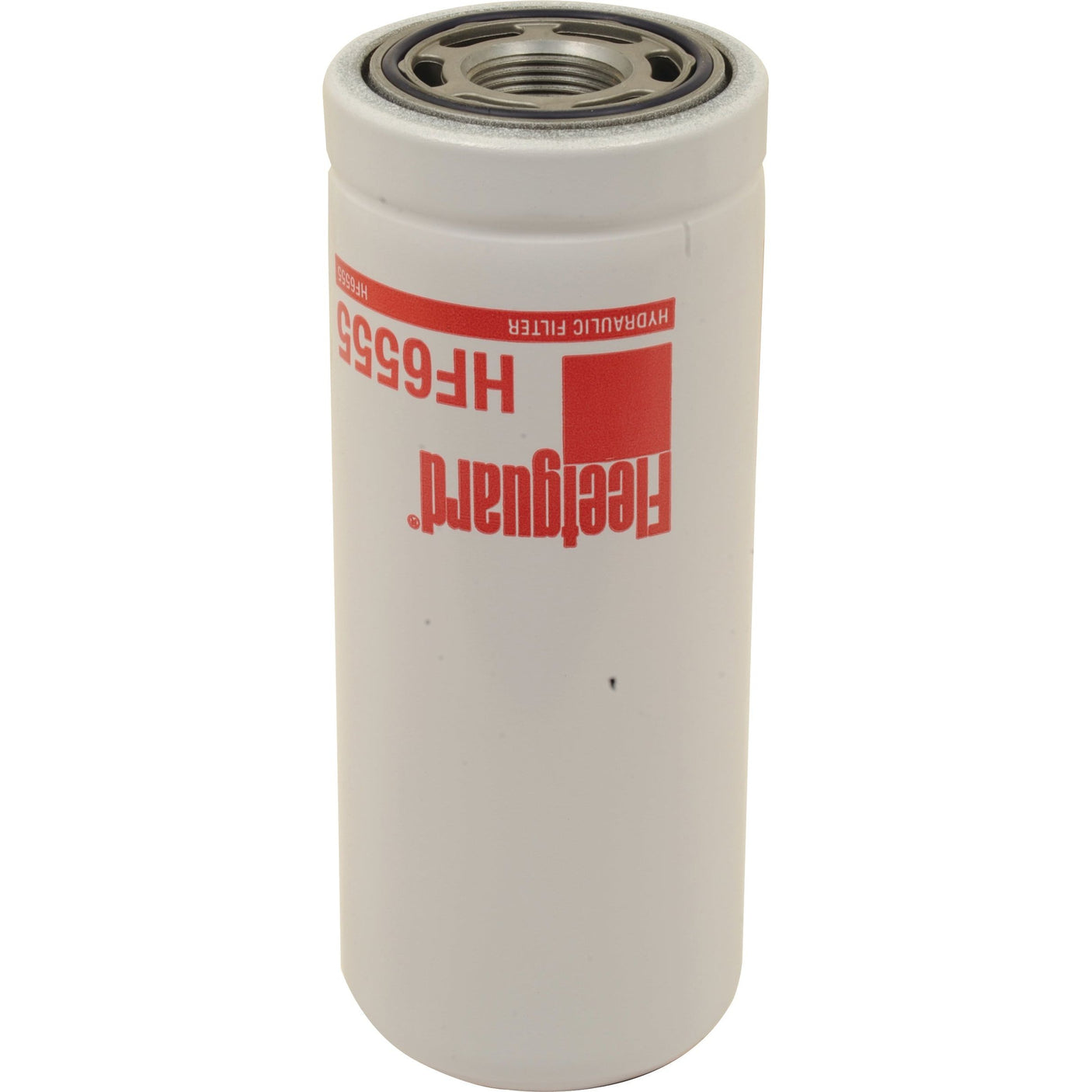 A white cylindrical hydraulic filter with "Hydraulic Filter - Spin On - HF6555" printed in red text, featuring a threaded top, perfect for Case IH equipment. This high-quality filter is a Sparex product (Part No. S.76700).