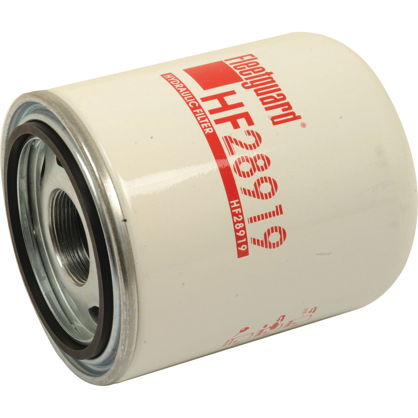 Image of a Sparex HF28919 hydraulic filter in a white cylindrical casing with red text, compatible with Sparex S.76705 Massey Ferguson filters and Claas ARES equipment.