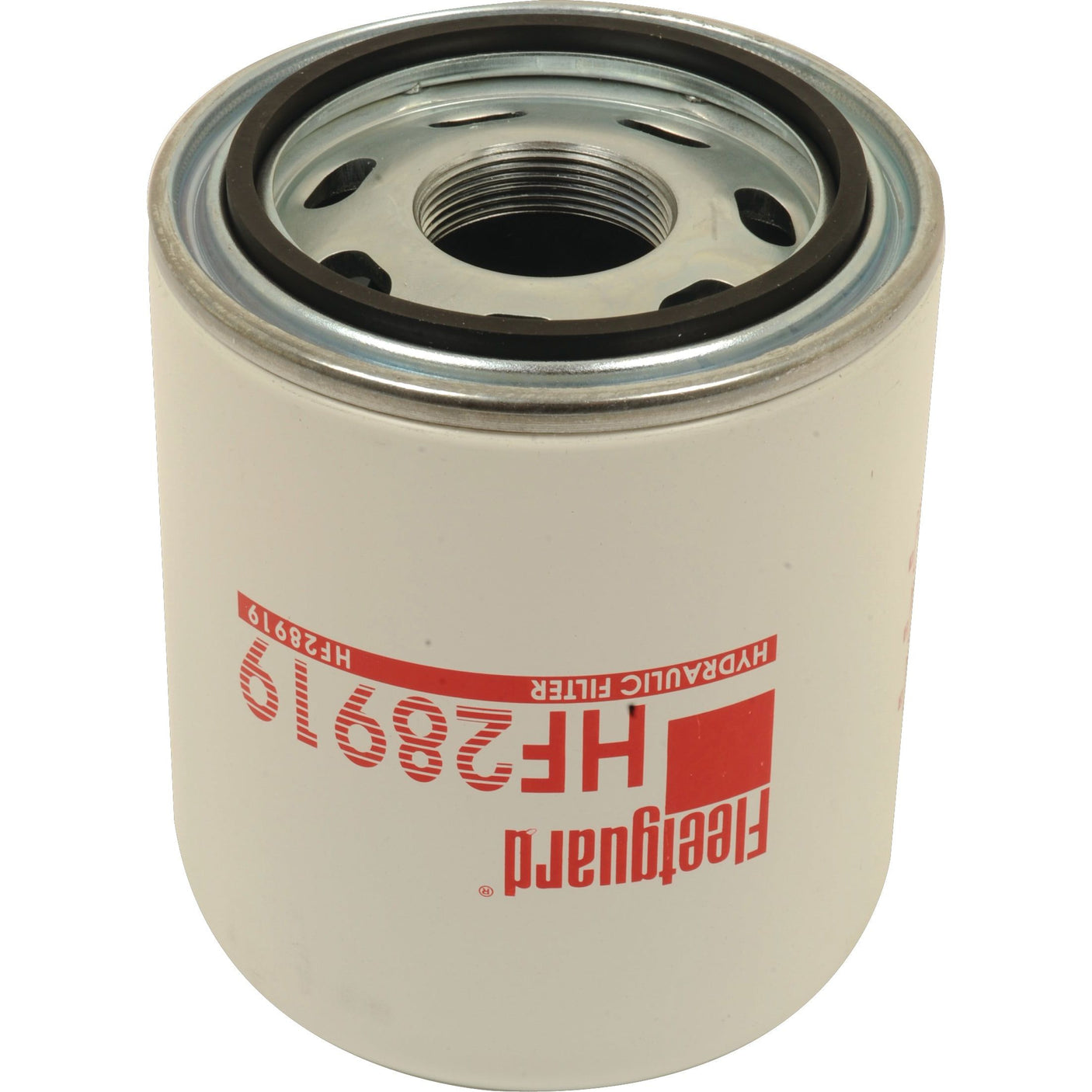 A cylindrical hydraulic filter model HF28919, available under Sparex Part No. S.76705, commonly used as a replacement in Massey Ferguson filters, features a steel base and visible threading on the top section.