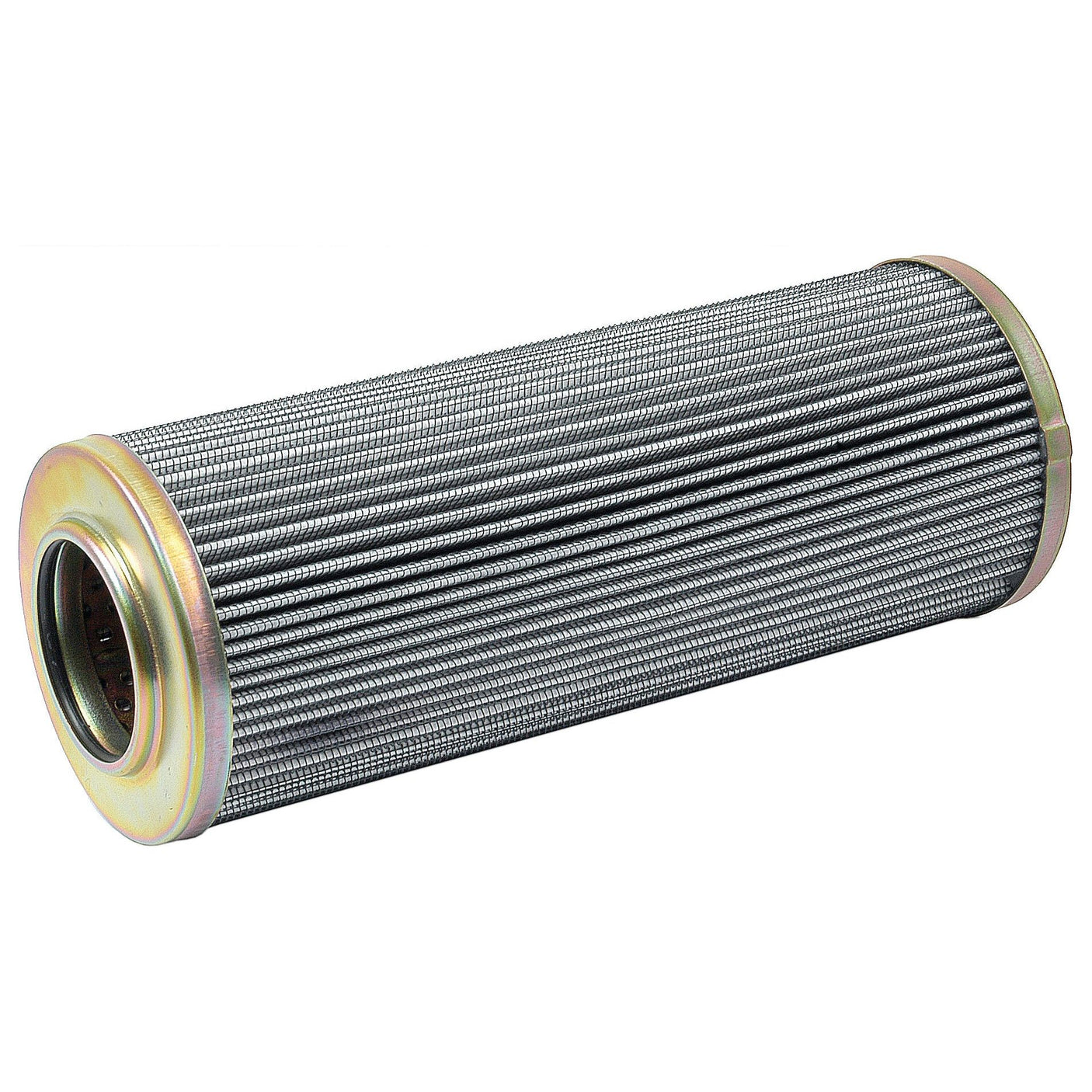 The Sparex Hydraulic Filter - Element (Part No. S.76707) features a cylindrical metal mesh construction with pleated design and metallic end caps, displayed horizontally on a white background. This filter is an ideal replacement for Massey Ferguson equipment, ensuring optimal hydraulic performance.