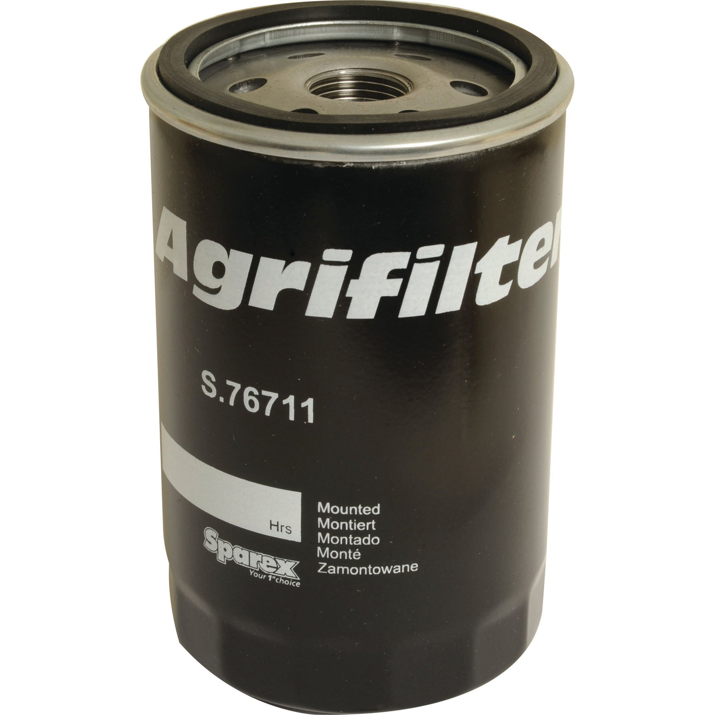 A cylindrical, black oil filter with the Sparex Part No. S.76711 printed on it stands upright against a white background. This high-quality spin-on Sparex oil filter is designed for Case IH machinery, ensuring optimal performance and reliability for all your agricultural needs.