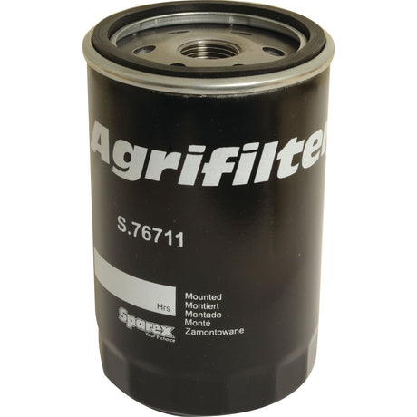 A cylindrical, black oil filter with the Sparex Part No. S.76711 printed on it stands upright against a white background. This high-quality spin-on Sparex oil filter is designed for Case IH machinery, ensuring optimal performance and reliability for all your agricultural needs.