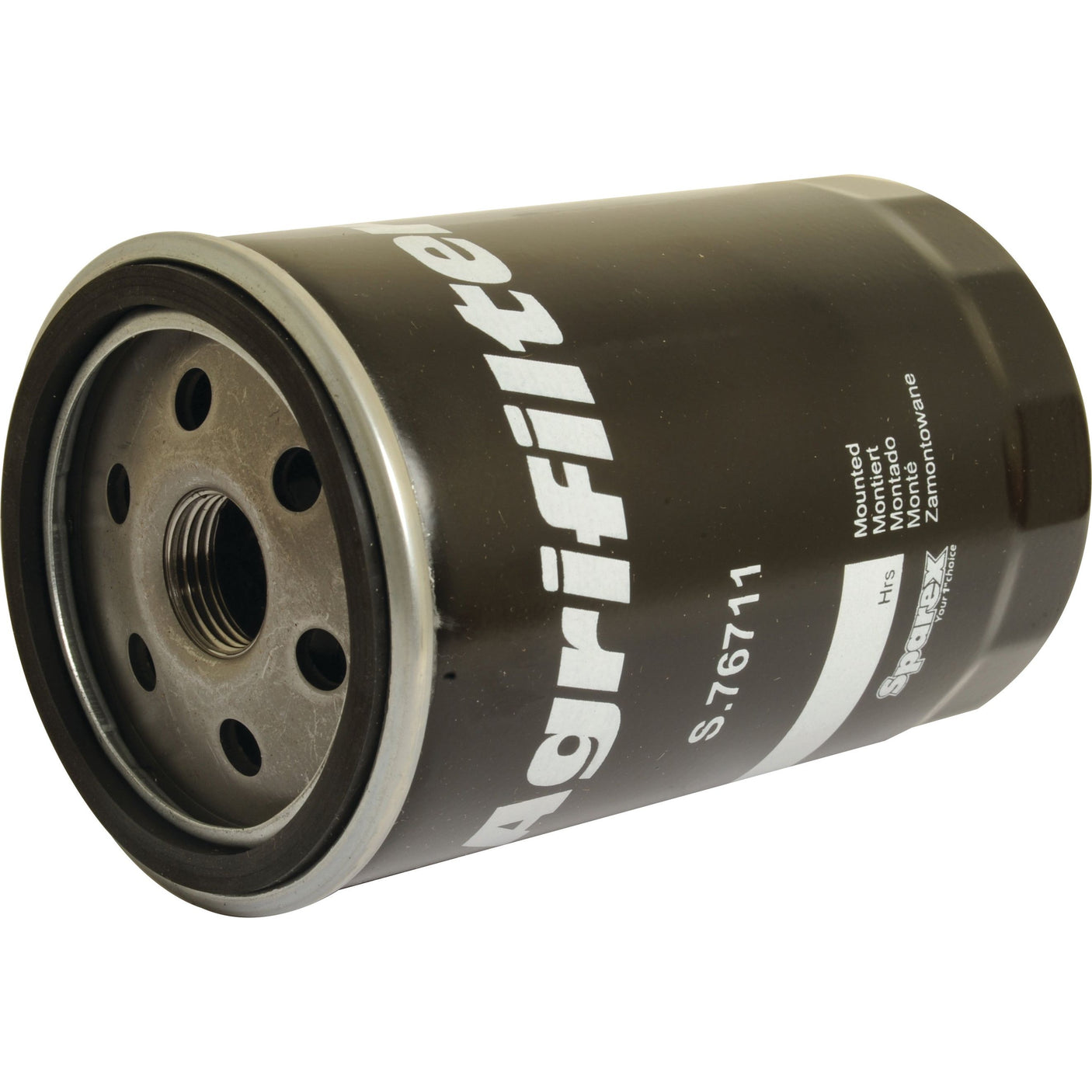 The Oil Filter - Spin On (Sparex Part No. S.76711) by Sparex is a black cylindrical filter with "Agrifilter" in white text and model number "S.76711" clearly printed on it. Specifically designed for Case IH machinery, this filter features a metal base with multiple holes and a central threaded hole for attachment, ensuring efficient performance and easy installation.